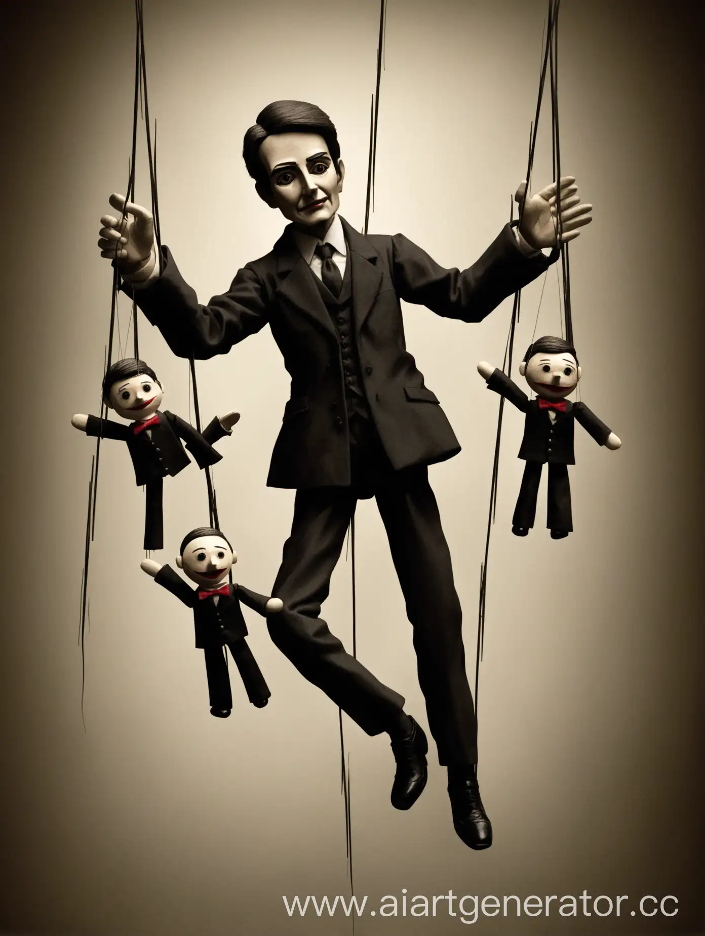 Puppet man.  The puppeteer's strings reach out to the person.  A man without a will.