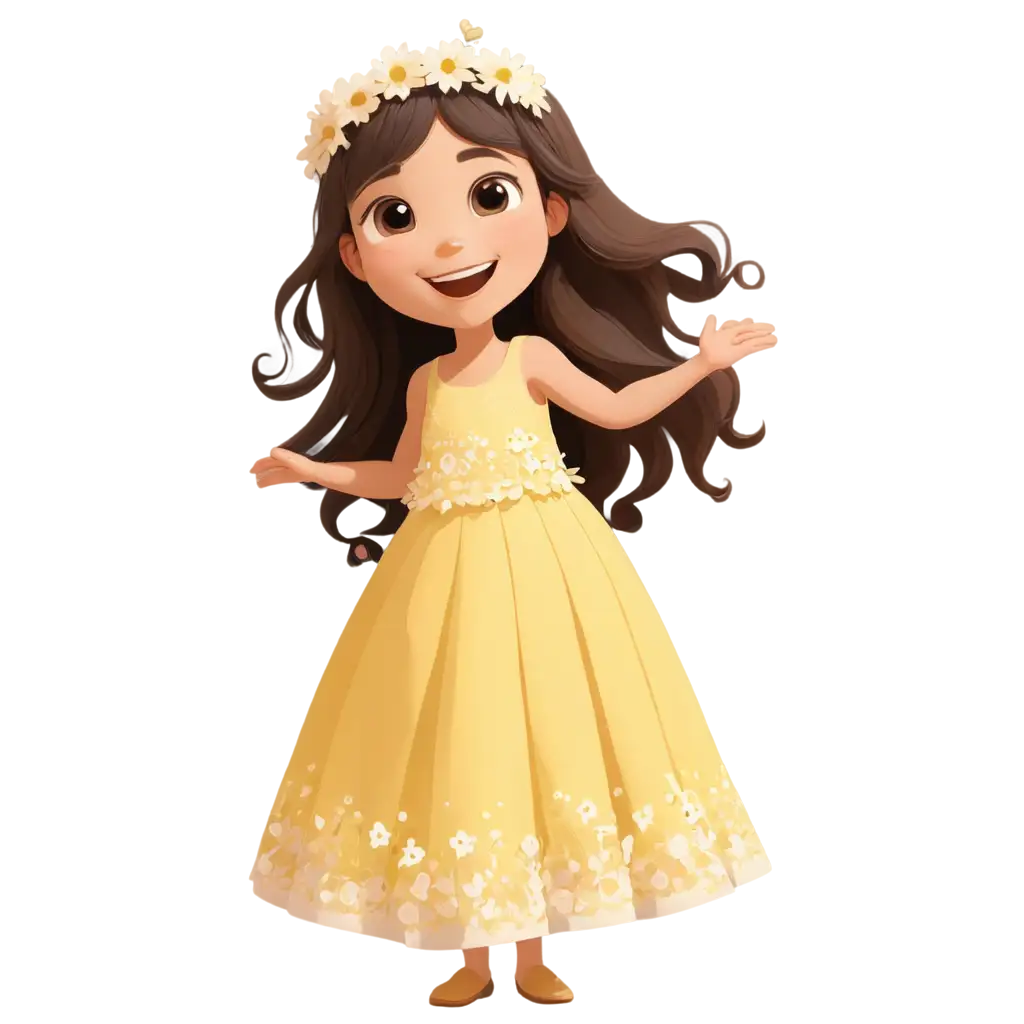 little cute girl cartoon in pastel yellow color long dress with curly super long hair wearing headband smiling face and pale skin big cute eyes surrounded by petals dancing around