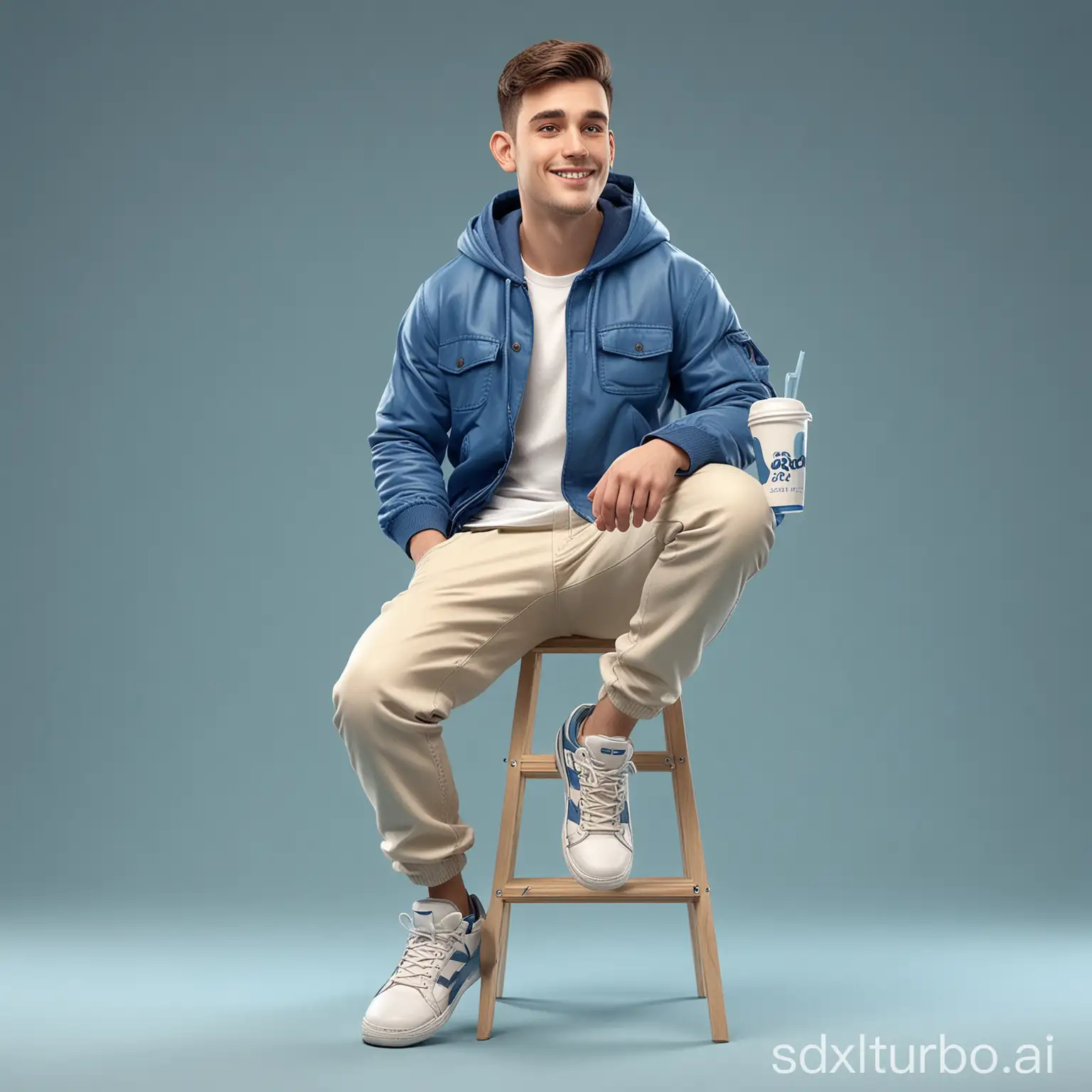Create a caricature 3D Cartoon style full body with a big head. A 22 year old man is sitting on a ladder with his legs crossed facing the camera. Holding a transparent plastic cup containing a drink in it. Wearing a blue jacket with text on the left chest area, light beige trousers and dark sneakers. Make sure the atmosphere looks relaxed and comfortable to reflect a relaxed moment. Soft gradient blue color background.high quality image, Uhd, Hd, 16k.