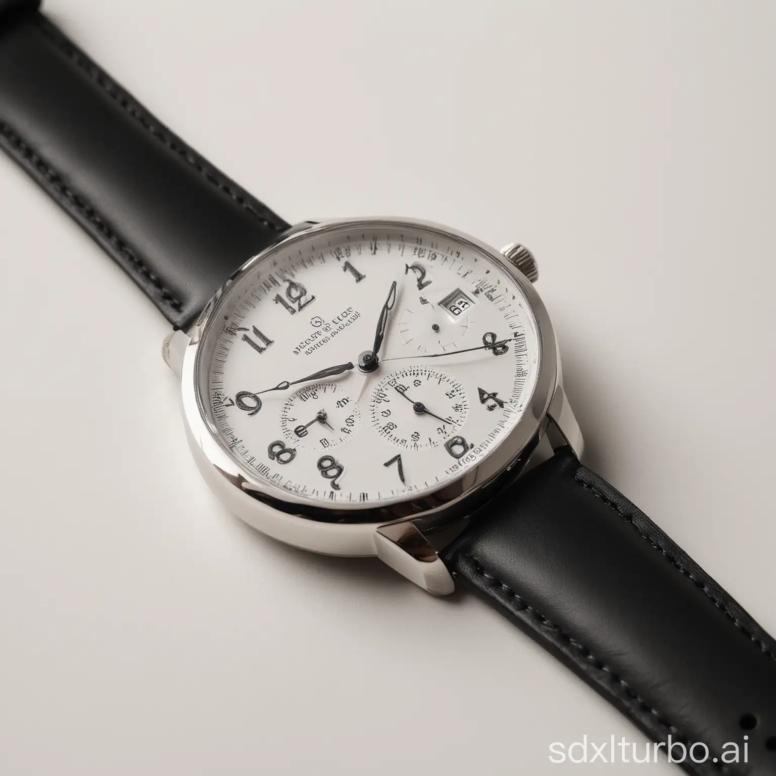 A close-up of a silver watch with a black leather band. The watch has a round face with a small second hand and a date window at the three o'clock position. The watch is resting on a white background.