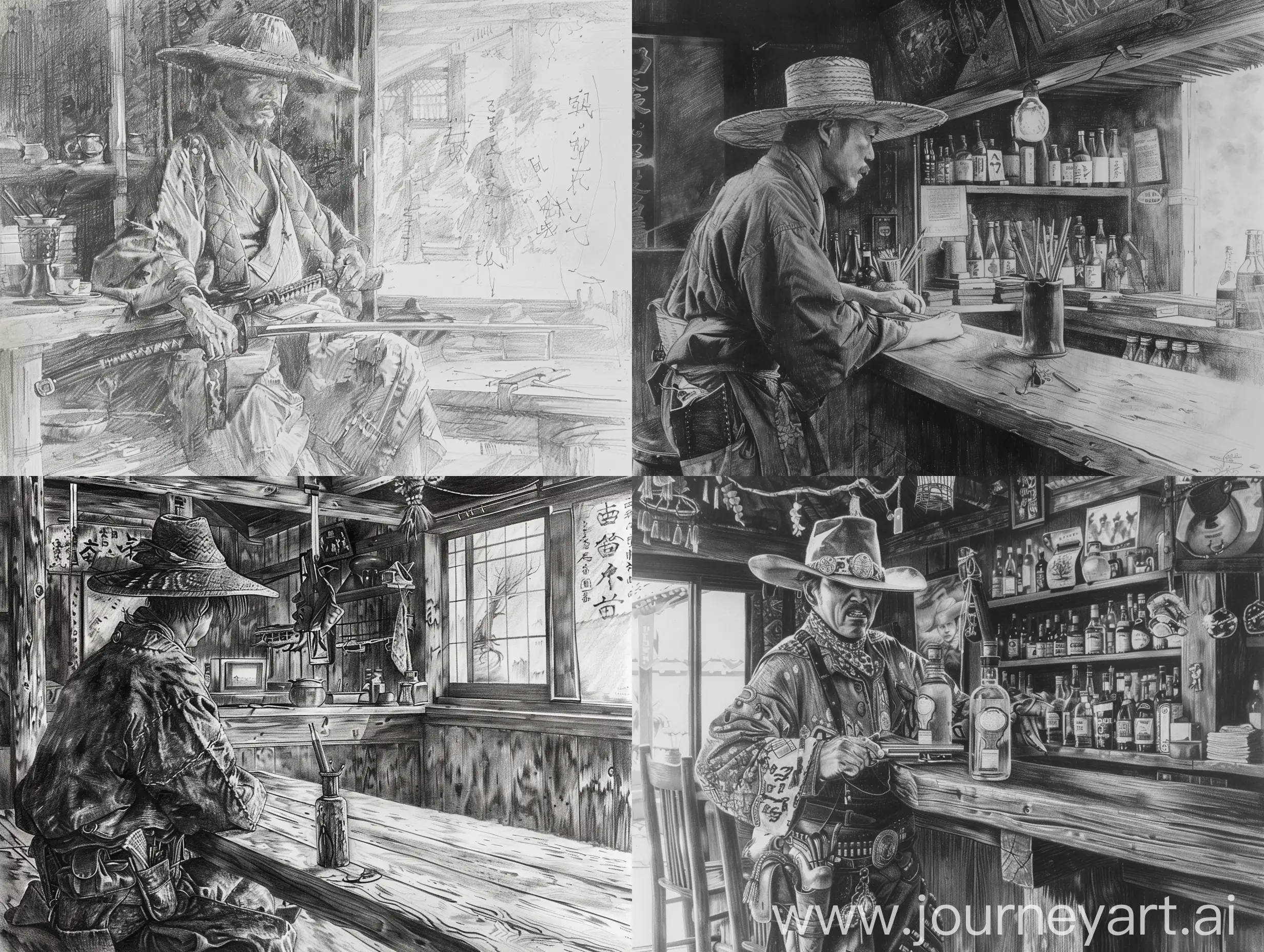 Highly detailed pencil drawing of a japanese ronin in saloon, (long shot), intricate details of the cowboy lifestyle, soft lighting, realistic textures, by Jean-Auguste-Dominique Ingres