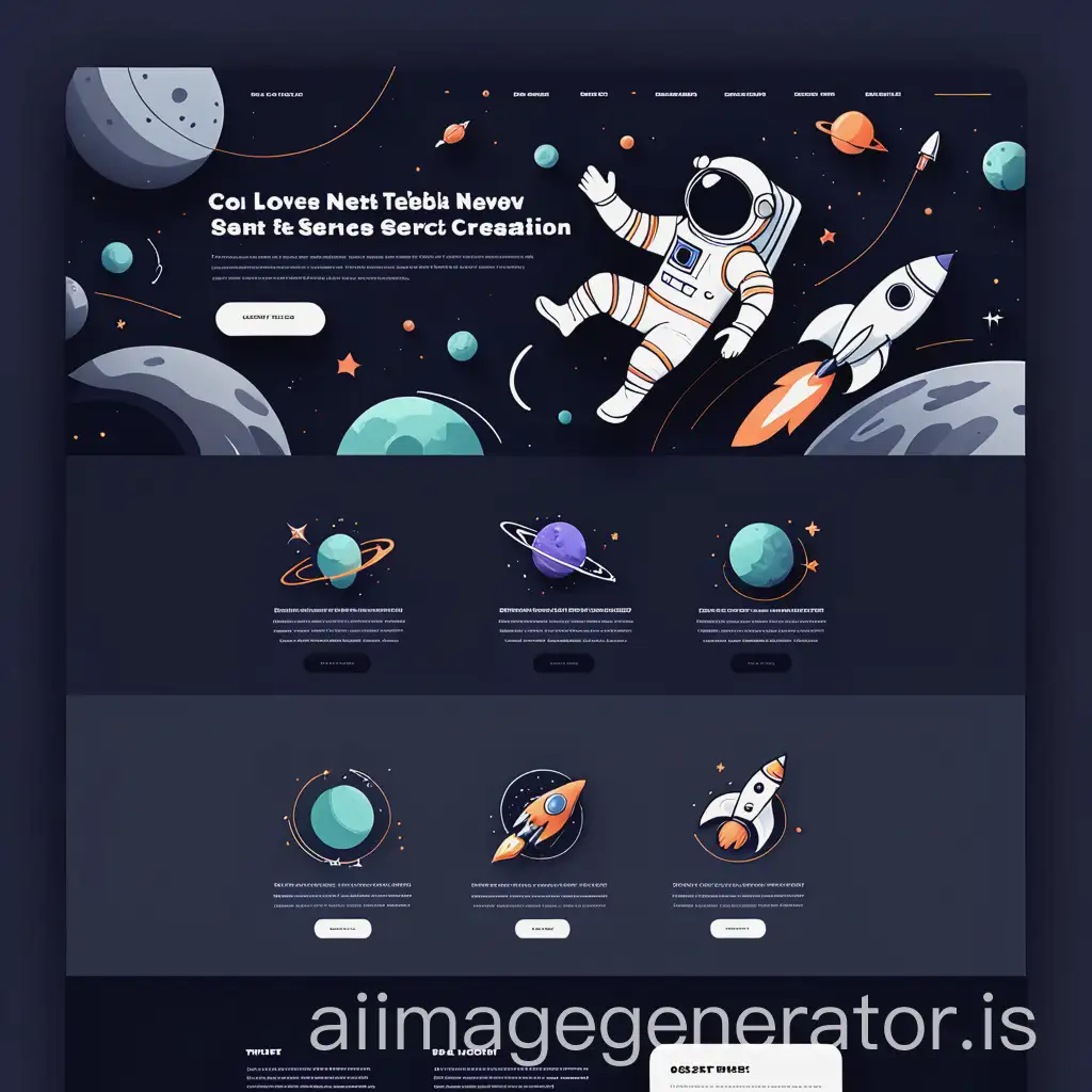 landing page design for Web and Mobile creation services companies with astronaut and rocket space themes aesthetic dark theme