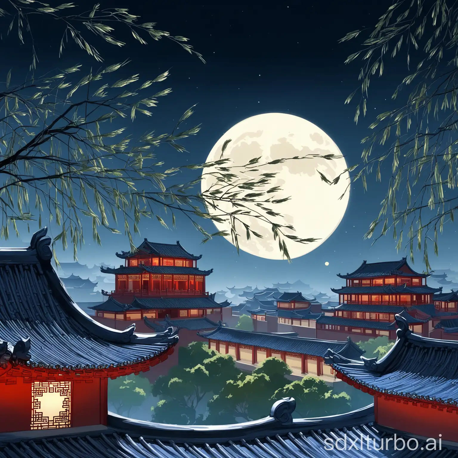 grand and round and bright moonlight, on top of classical Chinese architecture roofs, willow tree leaves swaying in the wind