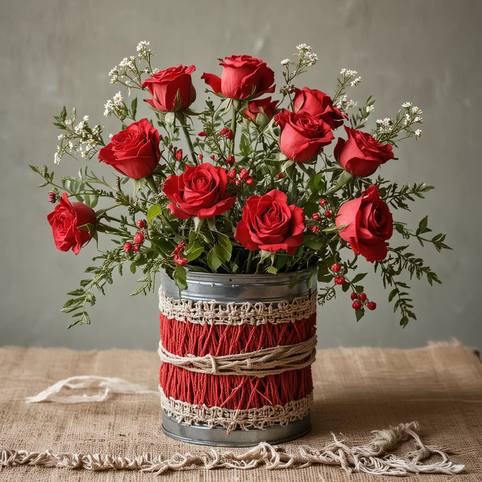 boho red rose centerpiece ideas using a distressed hand painted tin can vase covered with macrame and filled with small and simple bouquet of wild looking red roses and wild flowers