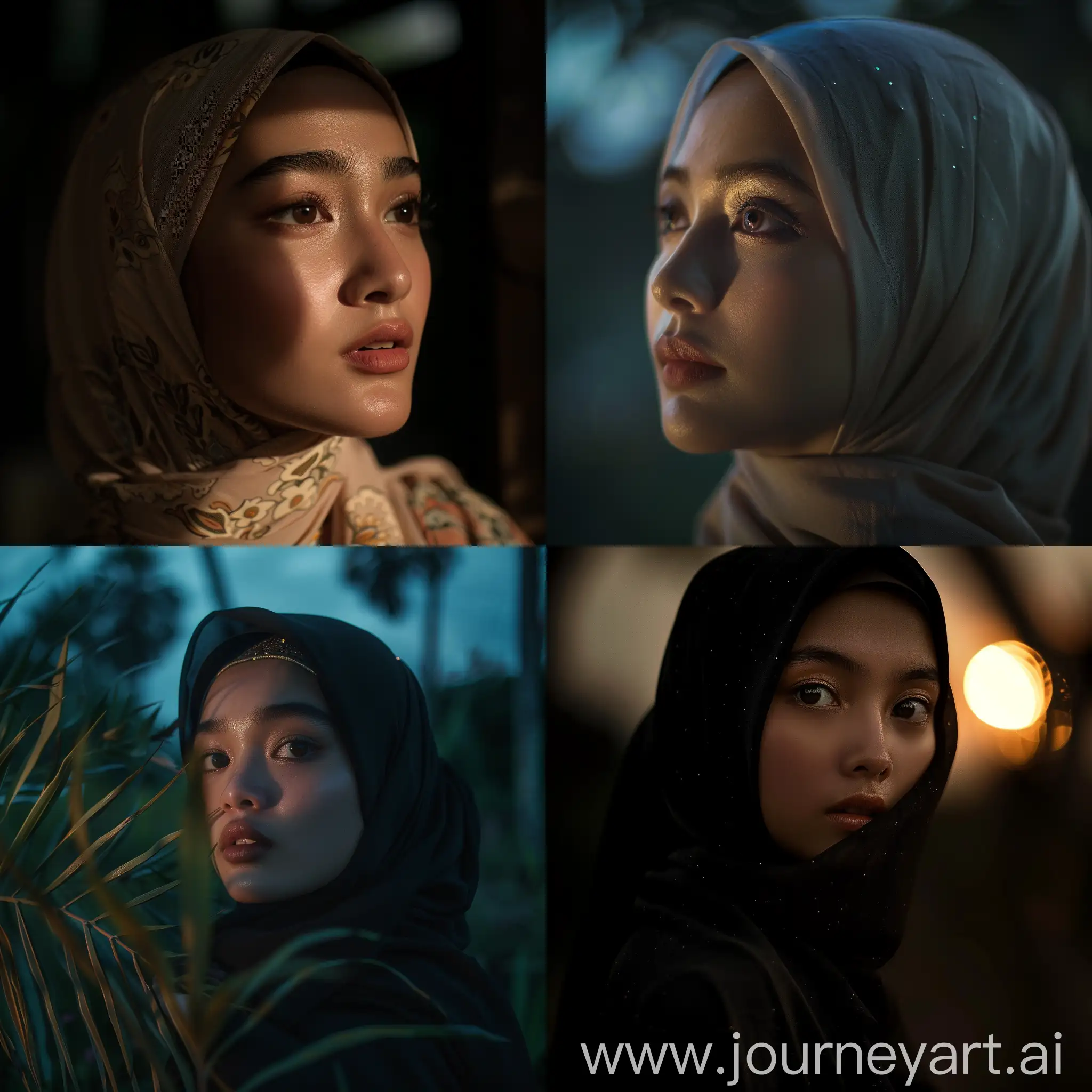 Indonesian hijab woman, fair skin, thin lips, pixie cut, candid angle, looking into distance, soft and romantic makeup, backlighting, dslr, neutral, calm and peaceful atmosphere, full moon night in Indonesian village