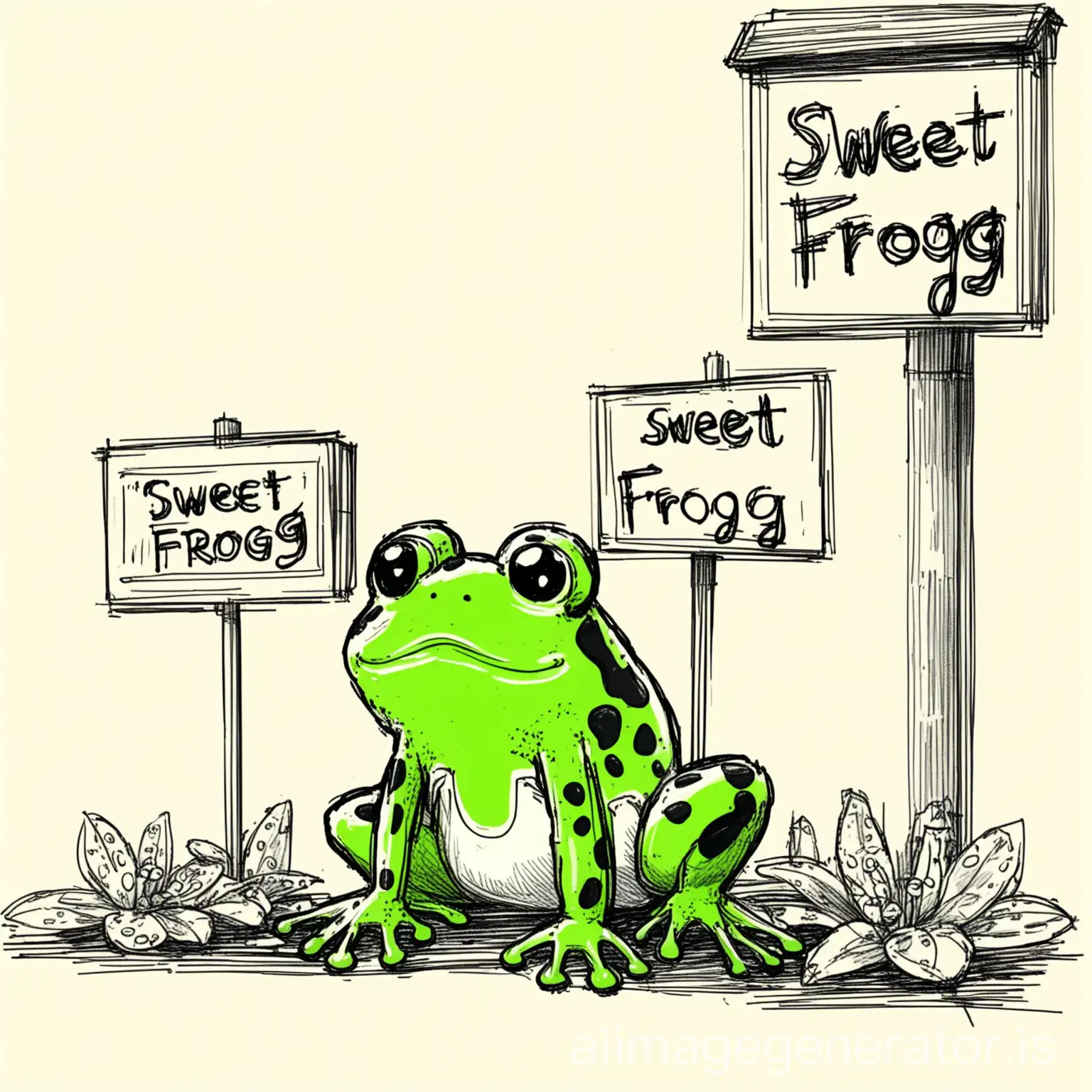 Sketch of a sweet frog with a sign beside it