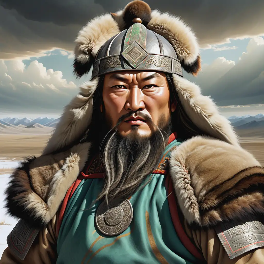 Create a detailed and realistic portrait of Genghis Khan, the founder of the Mongol Empire. The portrait should capture his powerful and commanding presence. Genghis Khan should be depicted wearing traditional Mongolian warrior attire, including a fur-lined helmet and armor with intricate designs. His facial features should reflect strength and determination, with a prominent jawline, piercing eyes, and a long, flowing beard. The background should evoke the vast Mongolian steppes, with a hint of a dramatic sky to emphasize his legendary status. The color palette should be earthy and rich, using tones like deep browns, golds, and greens to enhance the historical and regal atmosphere of the portrait.

Details to include:

Genghis Khan's traditional Mongolian warrior attire
Fur-lined helmet and intricately designed armor
Strong, determined facial features with a prominent jawline and piercing eyes
Long, flowing beard
Background: vast Mongolian steppes with a dramatic sky
Earthy and rich color palette: deep browns, golds, greens
