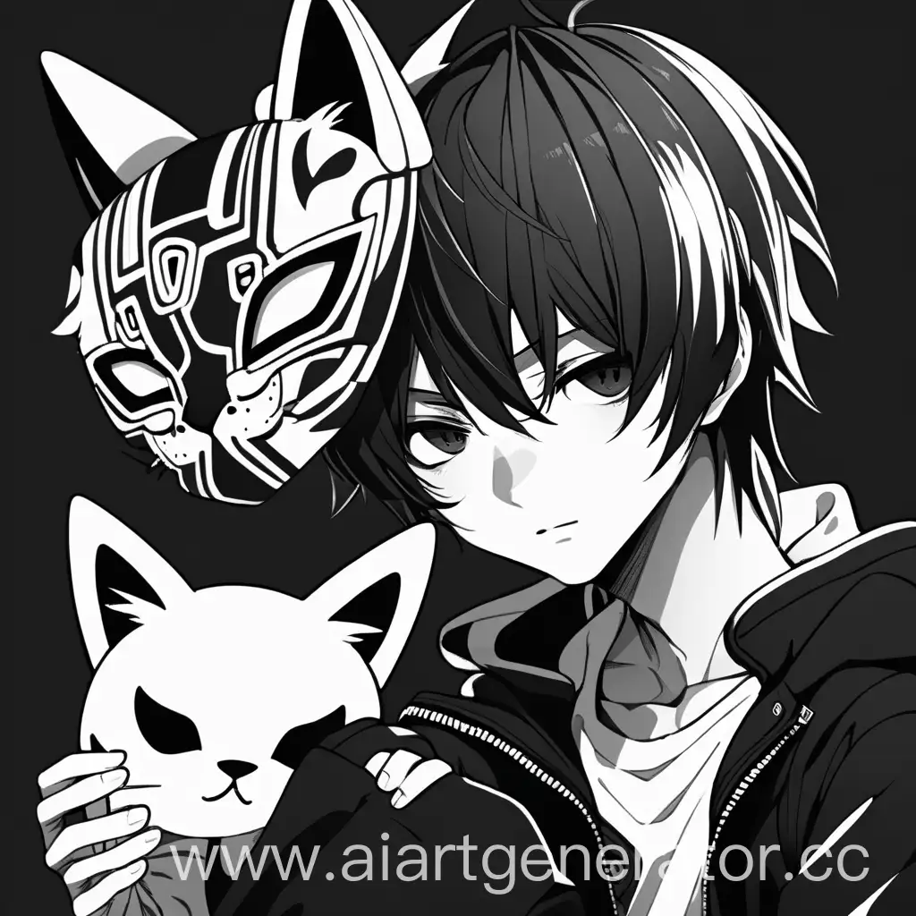 Anime boy with black and white cat mask which hide the face