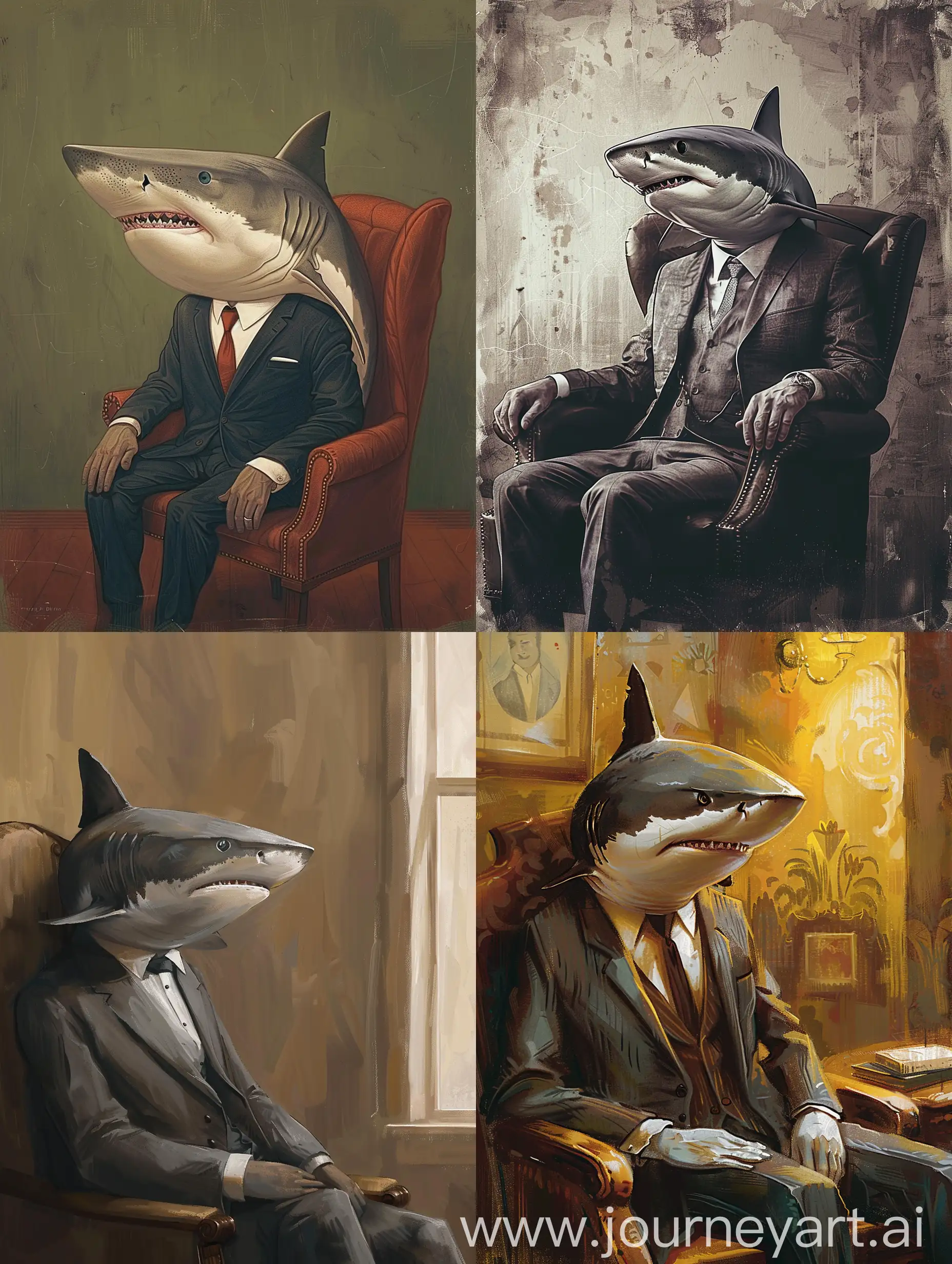 Создай современное изображение акулы в костюме, которая сидит в кресле
