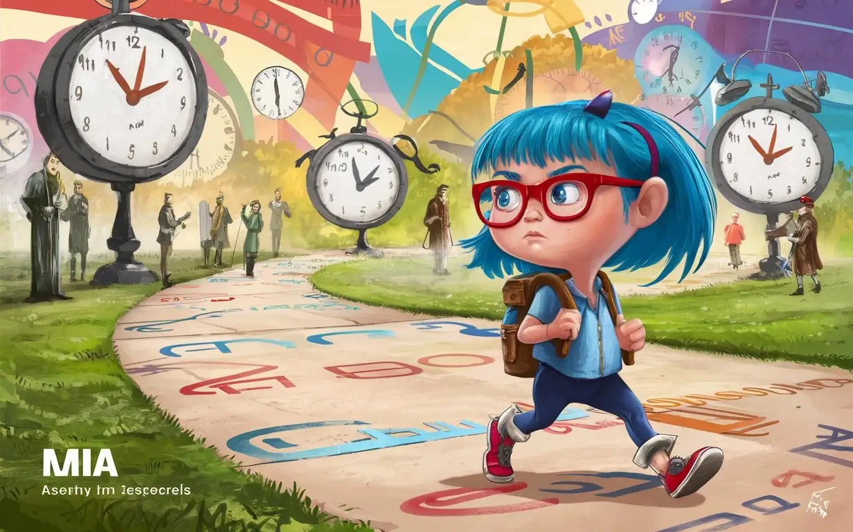девочка мия с синими волосами и красными очками пешком идёт по времени (на земле часы и исторические личности)