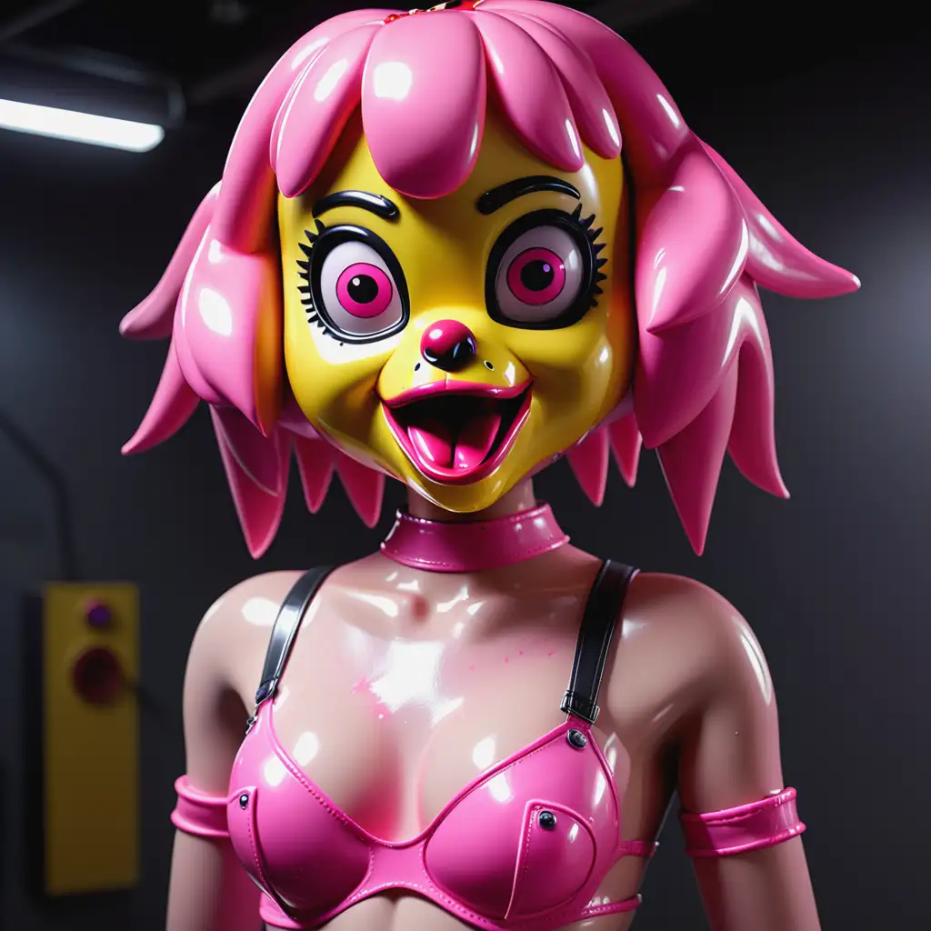Shiny-Latex-Rubber-Girl-Toy-Chica-Animatronic-in-Pink-Underwear-with-Beak-Mouth