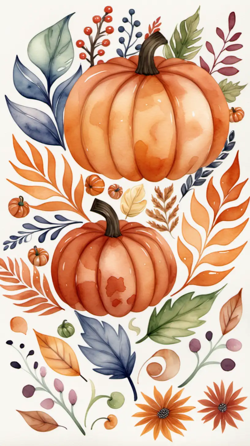 create a fall inspired image that includes leaves, pumpkins flowers, folk art watercolor