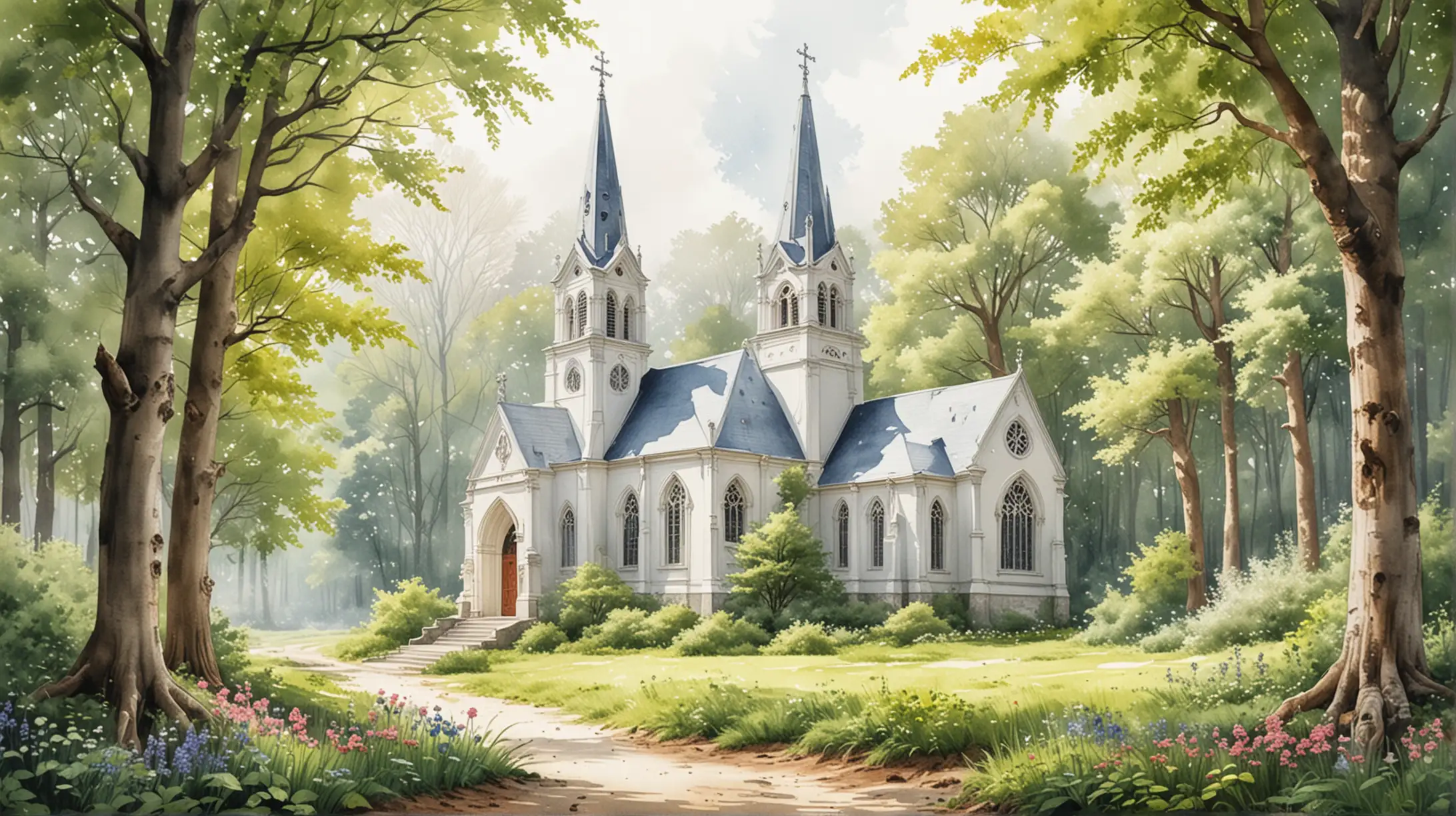 Serene Spring Church Amidst Woodland Splendor Watercolor Painting