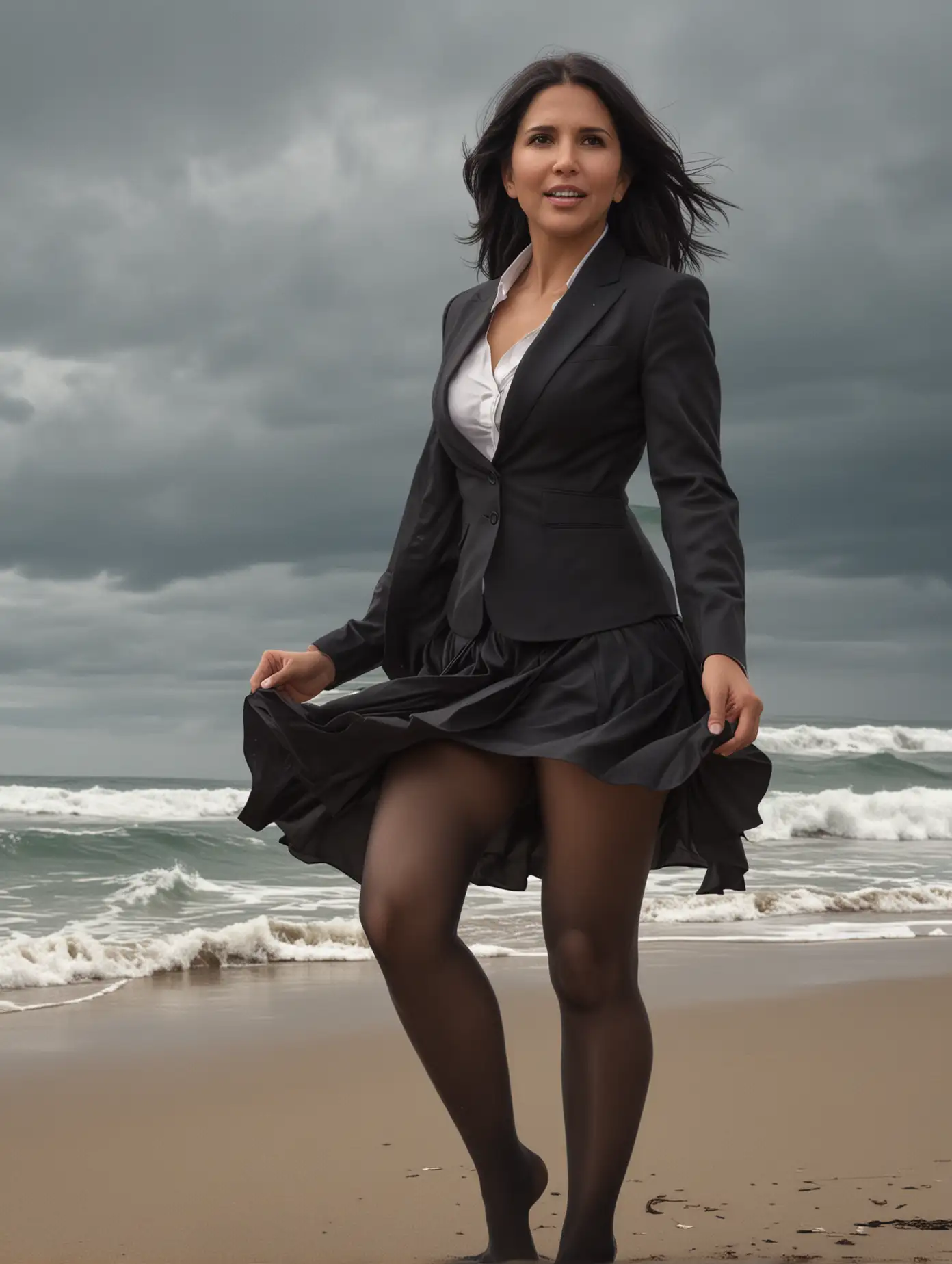 Sensual Tulsi Gabbard Poses on Beach in Flowy Black Skirt Suit | MUSE AI