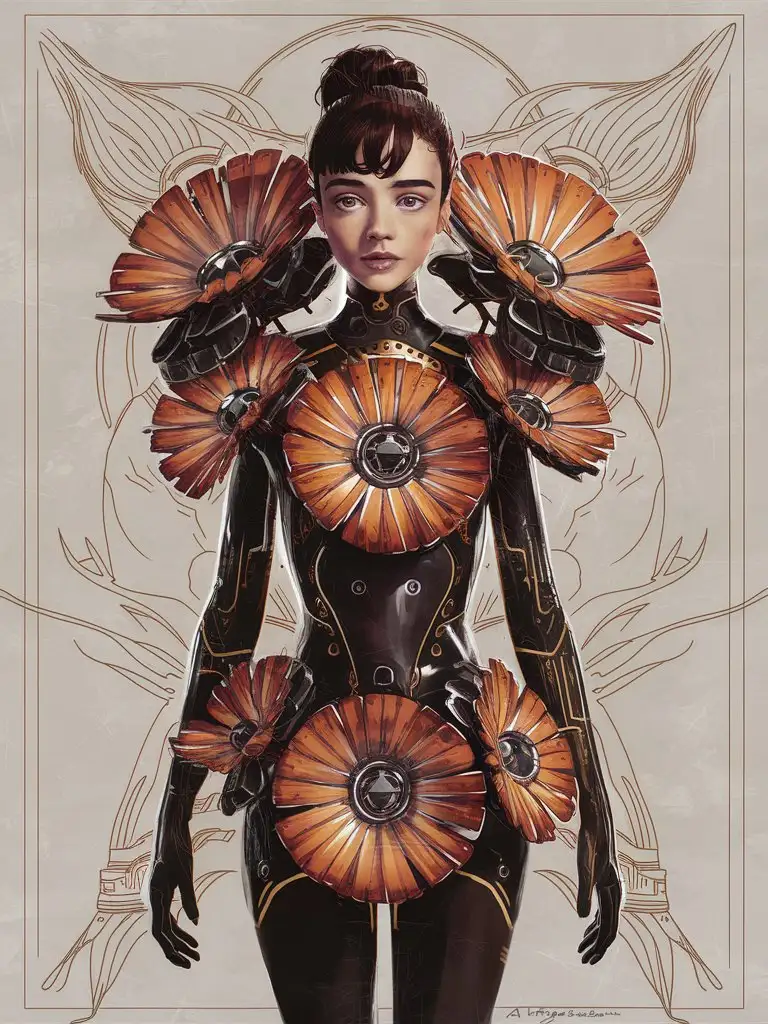 Young Audrey Hepburn dressed in robotic sungod flowers for scifi movie in the style of cottagecore futurism artgerm loose linework pareddown minimalism luxurious and detailed detailed facial features nature and electronic inspired closeup intensity ar stylize niji sref Image