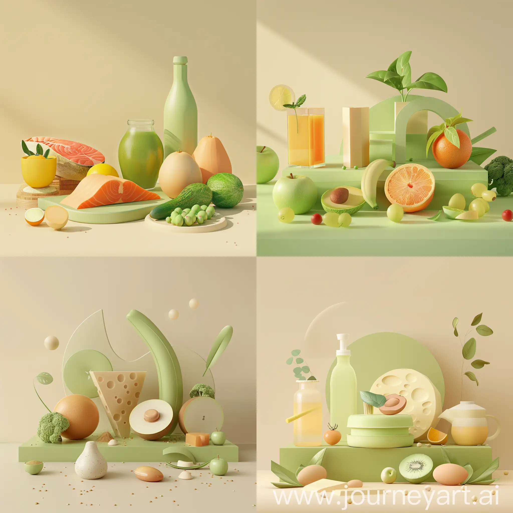 simple 3D ui illustration of healthy food, in the style of soft lines and shapes.abstract.minimalism. gradient color, green and beige theme, transparent texture, website header. beige background