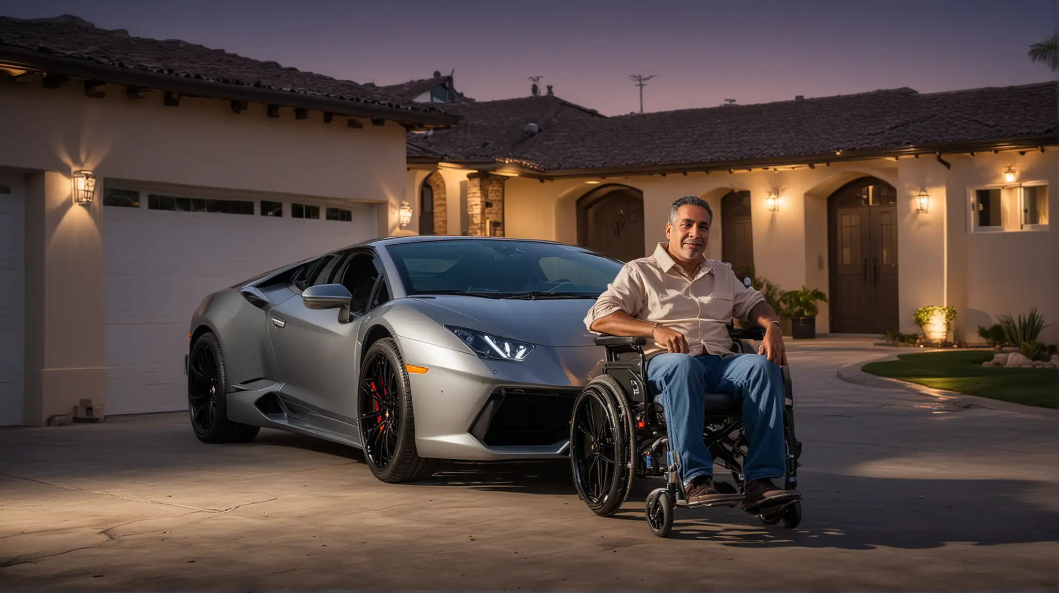 a confident middle age hispanic man in a wheelchair sitting in his driveway in front of his brand new Lamborghini, dramatic lighting, vibrant colors