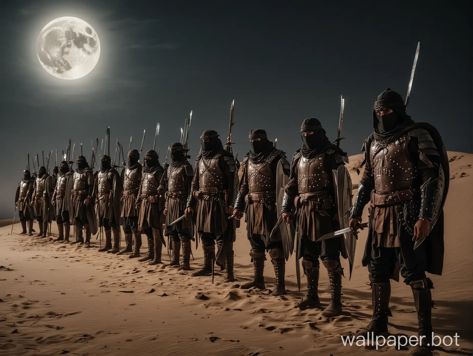 An Arab army in leather armor standing in rows with shields in front and scimitar swords in hand on a dune at night under a full moon, waiting for the enemy impact.