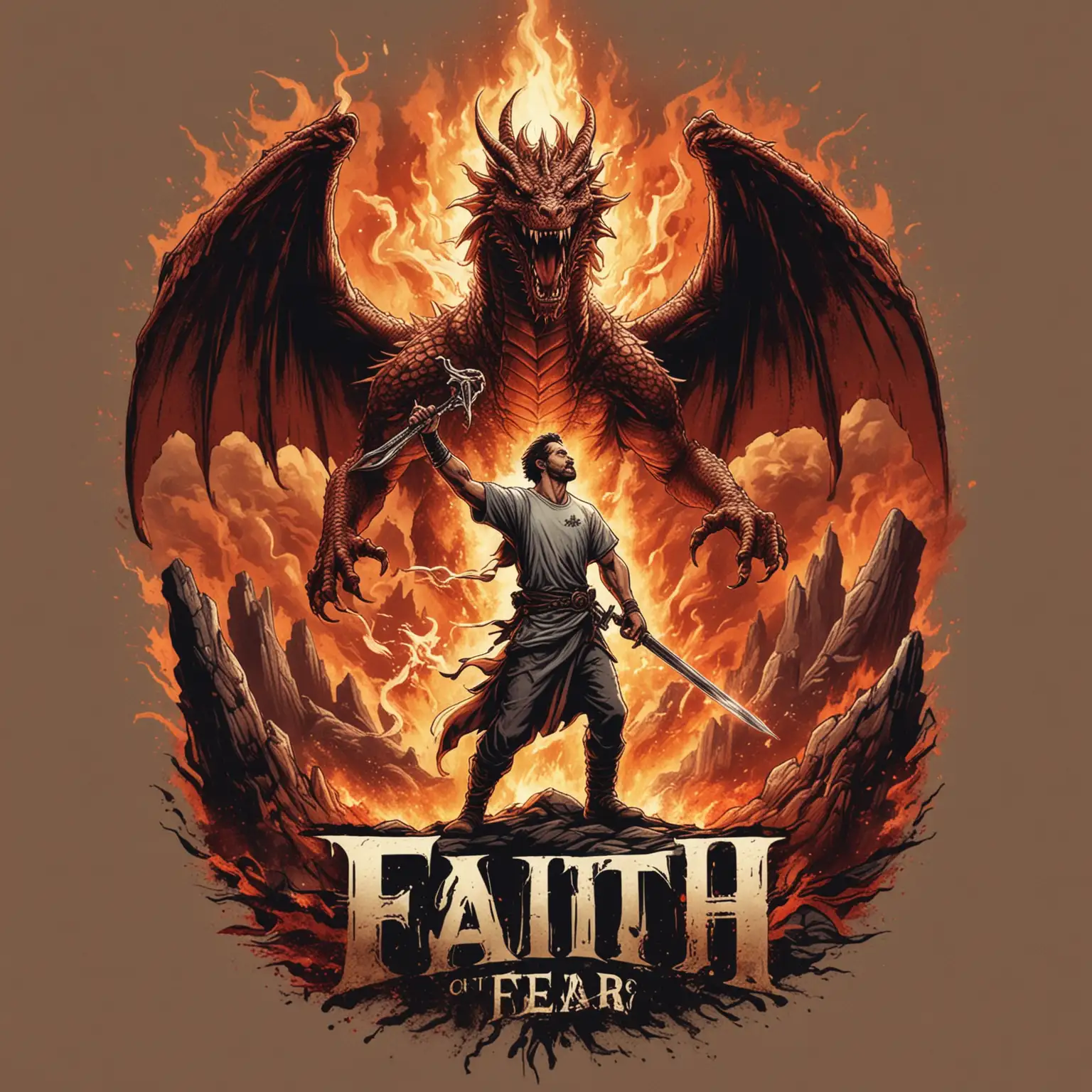 Create a modern vector art christian t shirt design the says Faith Over Fear. Include a man holding sword  fight a fire breathing dragon with an angel in the background.