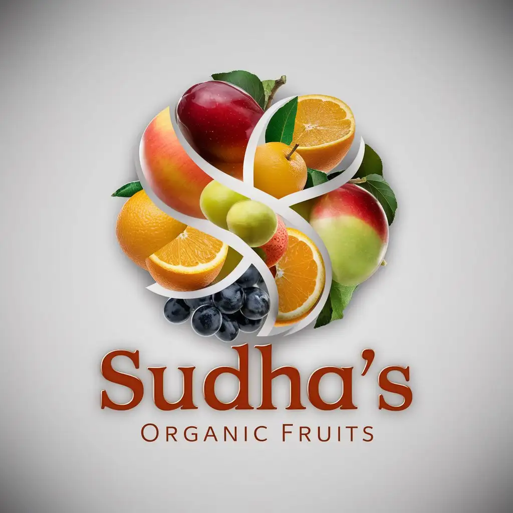a logo design,with the text "Sudha's organic fruits", main symbol:Fruits,complex,clear background