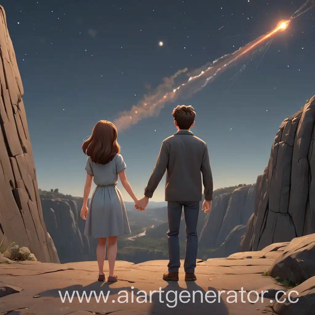 The cartoon man and woman hold hands standing with their backs to the camera at the edge of a cliff and watch the falling meteorite 3D.