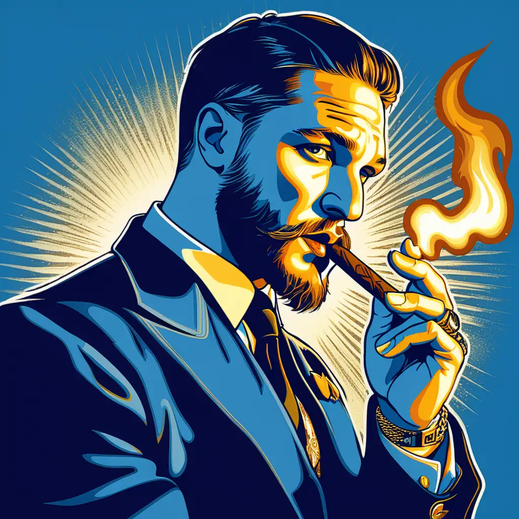 Tom Hardy, holding a cigar, a golden prophet, blue light aura, retro style artwork.