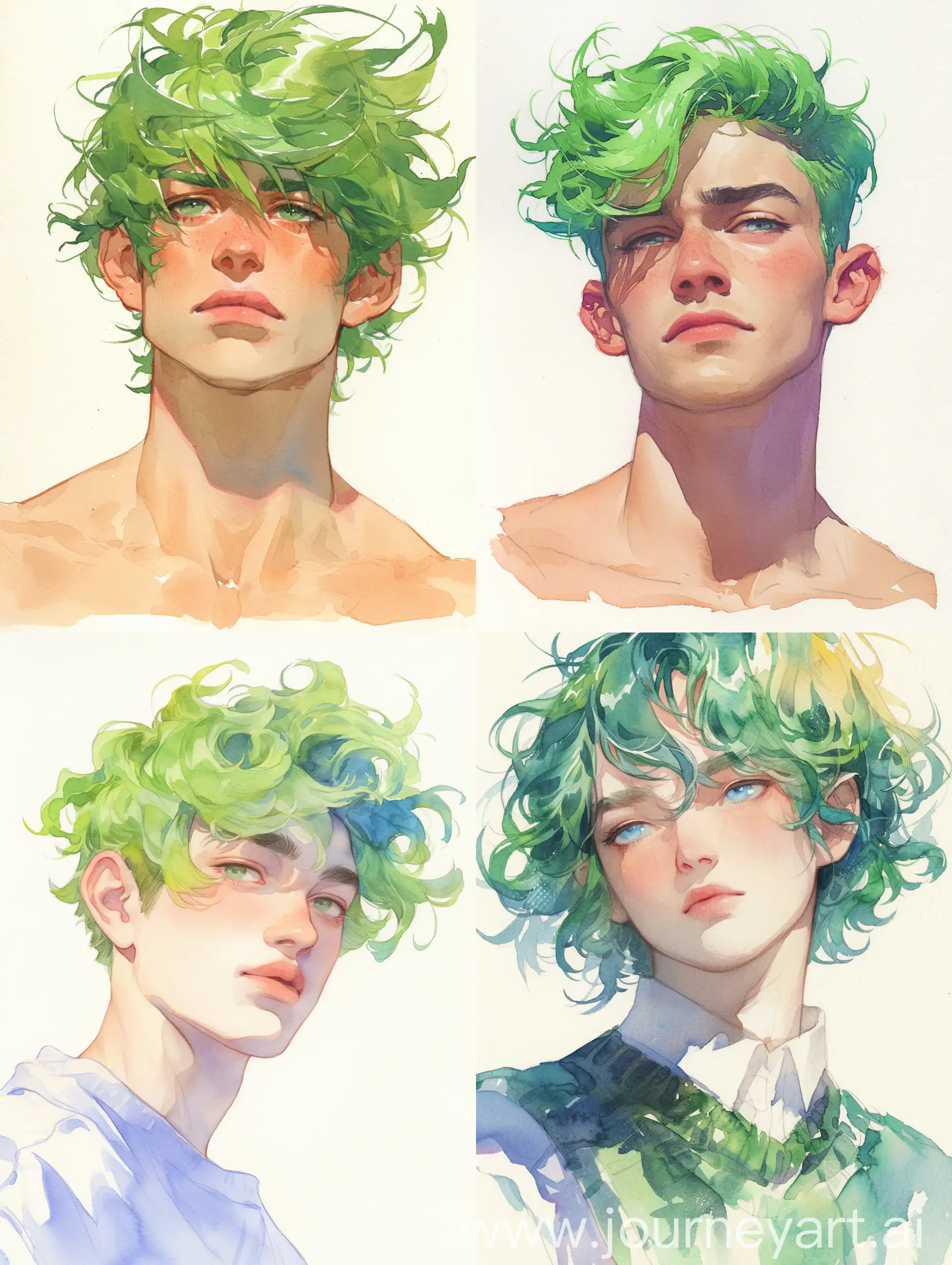 A portrait male with green hair of someone from Uranus, watercolor --niji 6
