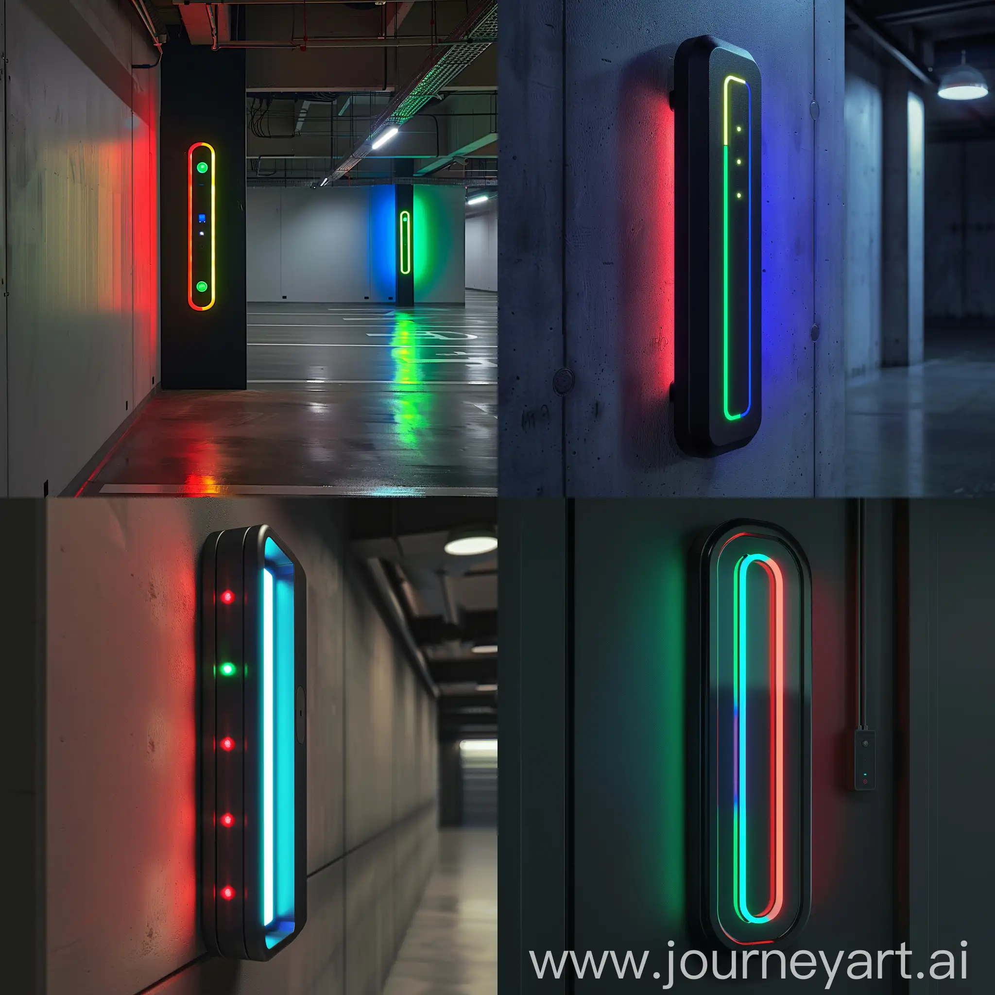 A sleek, modern indoor parking light design with three LED indicators: green for empty, red for full, and blue for reserved. The light should have a minimalist aesthetic with a smooth, black matte finish. It should include a power input and data port on the back, seamlessly integrated into the design. The LEDs should be bright and clearly visible, even in well-lit environments. The overall shape should be a compact rectangle with rounded edges, giving it a futuristic look.