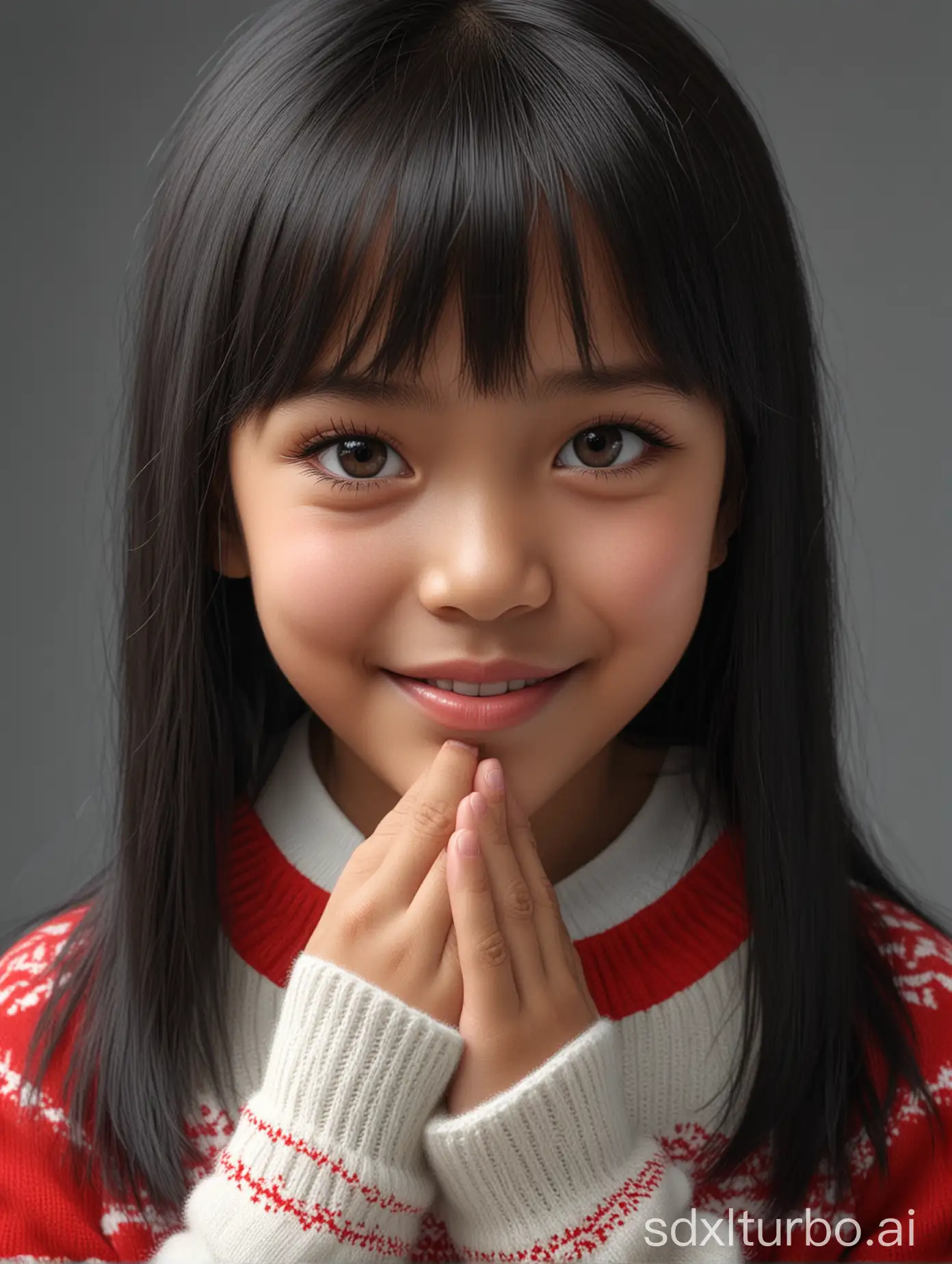 hyper-realistic, make a little Indonesian girl smile and cute, 7yo, long black straight bangs, wearing a red and white sweater, touching her cheek, real photo realistic, Photorealistic,  photography,  hyper-realism,  8k,  perfect,  sharp, photogenius, facing the camera.