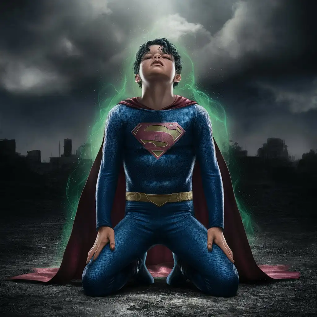 Teen Super boy wearing tight spandex, becoming weak from kryptonite kneeling on the ground rear view