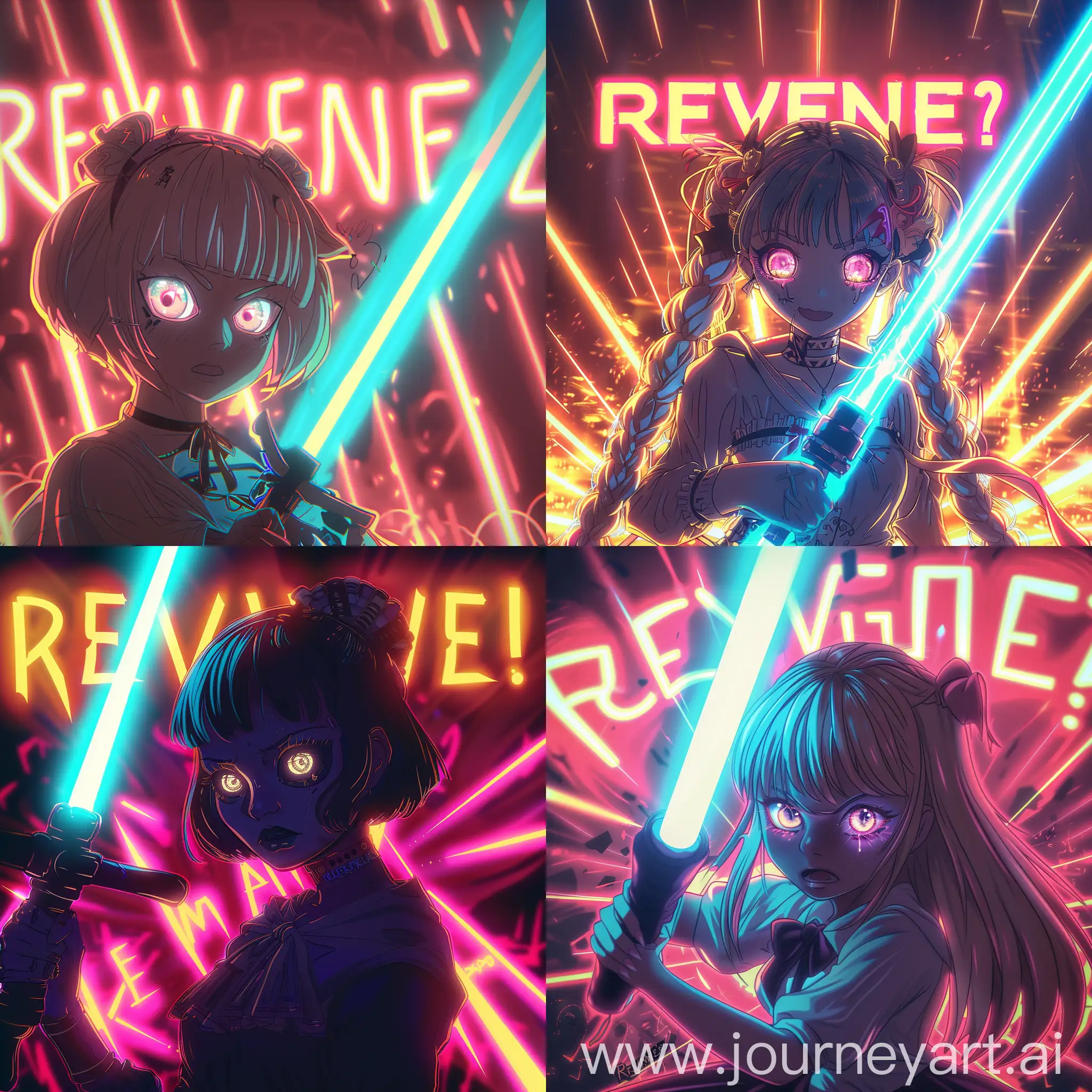 draw a phonk-themed girl, her eyes are glowing, a bright neon light background, she holds a saber in her hand, the inscription behind the background is REVENGE?!
