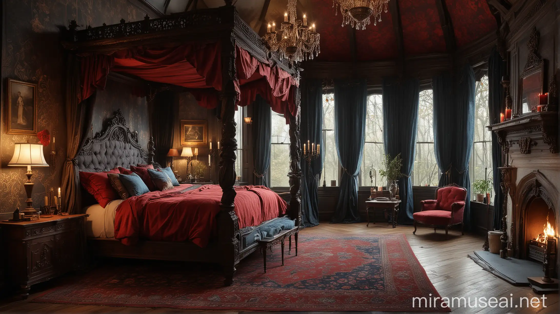 Luxurious GothicInspired Bedroom with Canopy Bed and Fireplace