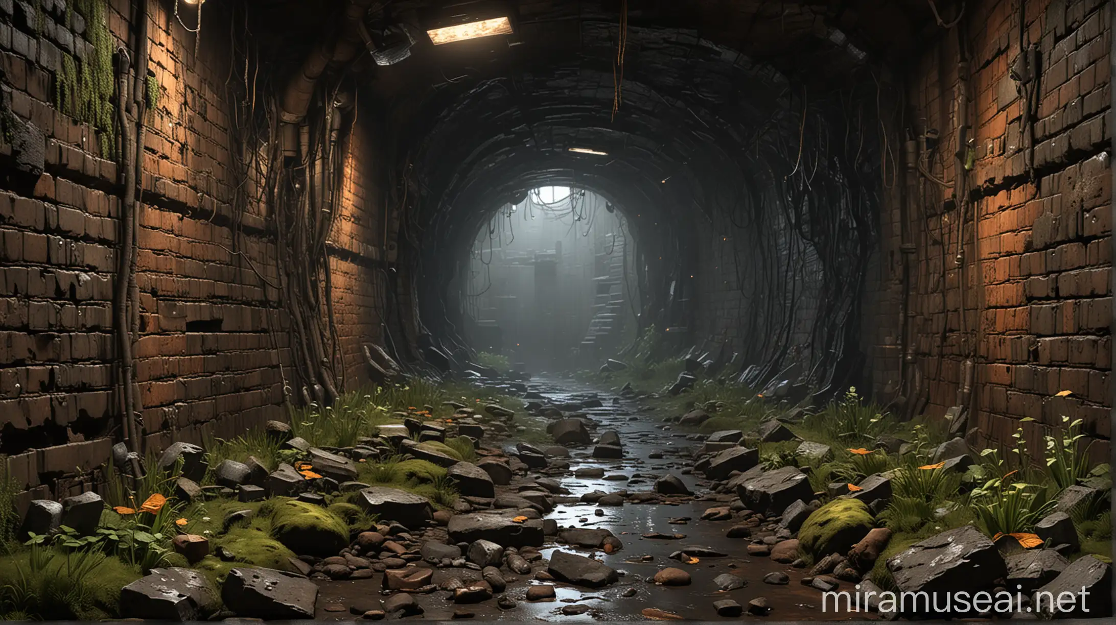 A seamless, dark, and atmospheric tunnel wall, inspired by a post-apocalyptic setting. The wall should feature realistic textures of worn bricks, rusted metal pipes, and grungy surfaces. Include details like dim lighting, moss, grime, and subtle water damage to enhance the immersive and gritty look. The style should be digital art, concept art, trending on ArtStation, with a seamless pattern for use in a 2D platformer game. Ensure the design is detailed and suitable for a sprite sheet or a spreadsheet.
