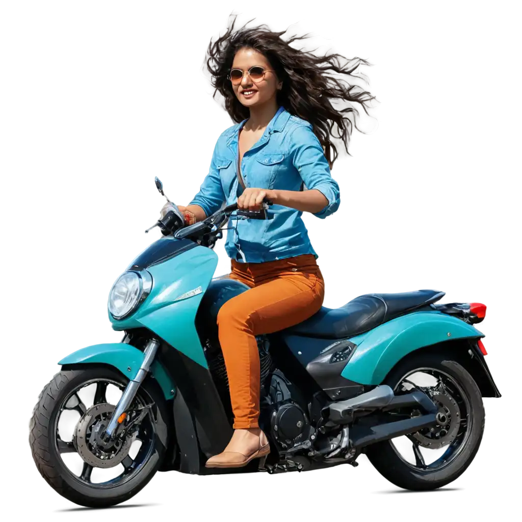 a young indian smart girl riding motorbike, vactor art design, colorful