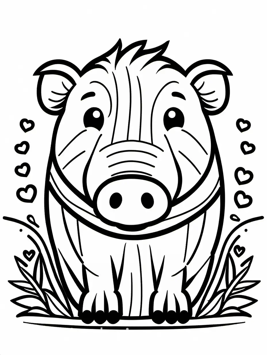 cute wart hog, toddler, thick lines, , Coloring Page, black and white, line art, white background, Simplicity, Ample White Space. The background of the coloring page is plain white to make it easy for young children to color within the lines. The outlines of all the subjects are easy to distinguish, making it simple for kids to color without too much difficulty
