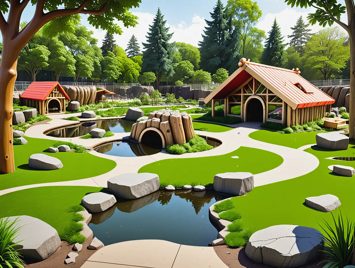 Zoo lion exhibit in a cartoon style, featuring a lush, grassy area with a few large rocks and a small pond. The enclosure has a shelter made of wooden logs and is surrounded by tall trees and shrubs. There are observation areas with glass panels and bright, kid-friendly decorations around the exhibit