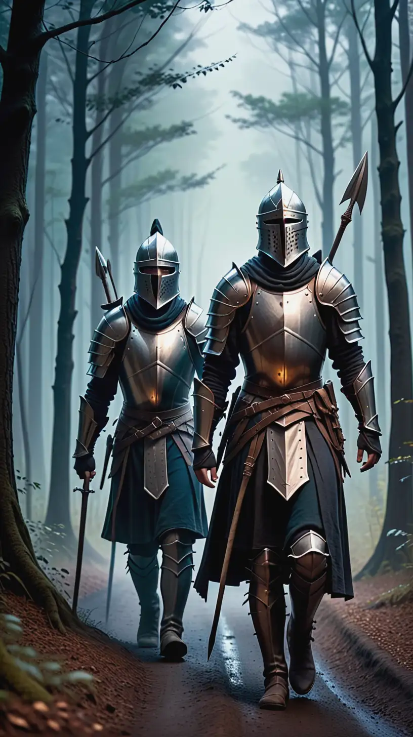 An image of two guars,  narrow road on a dark forest, basic armour, basic open helmet, spears, different from eachother, night, midnight, large trees, pitch black sky, medieval fantasy style 