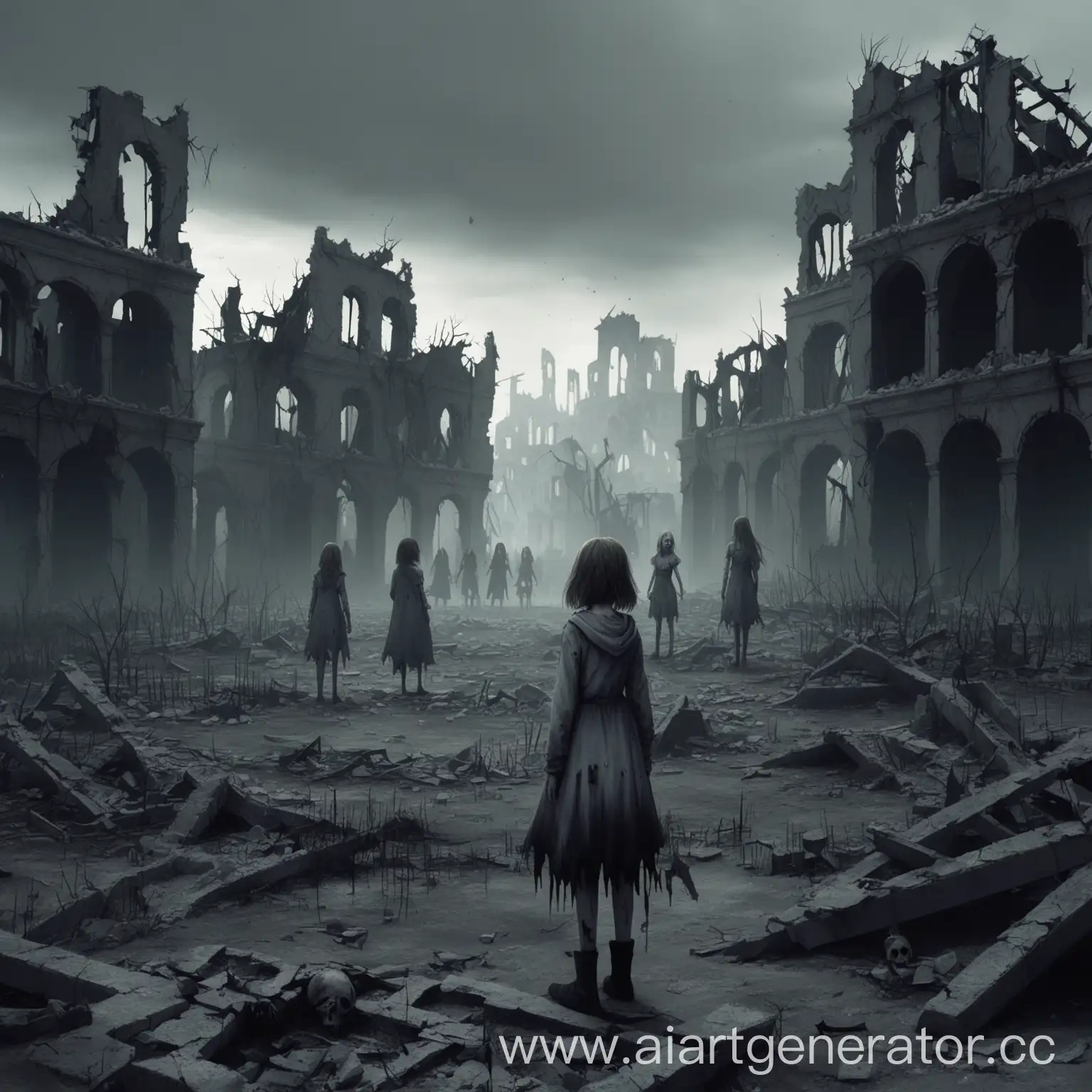 Девушка стоит на окраине разрушенного города в кругу умерших друзей
