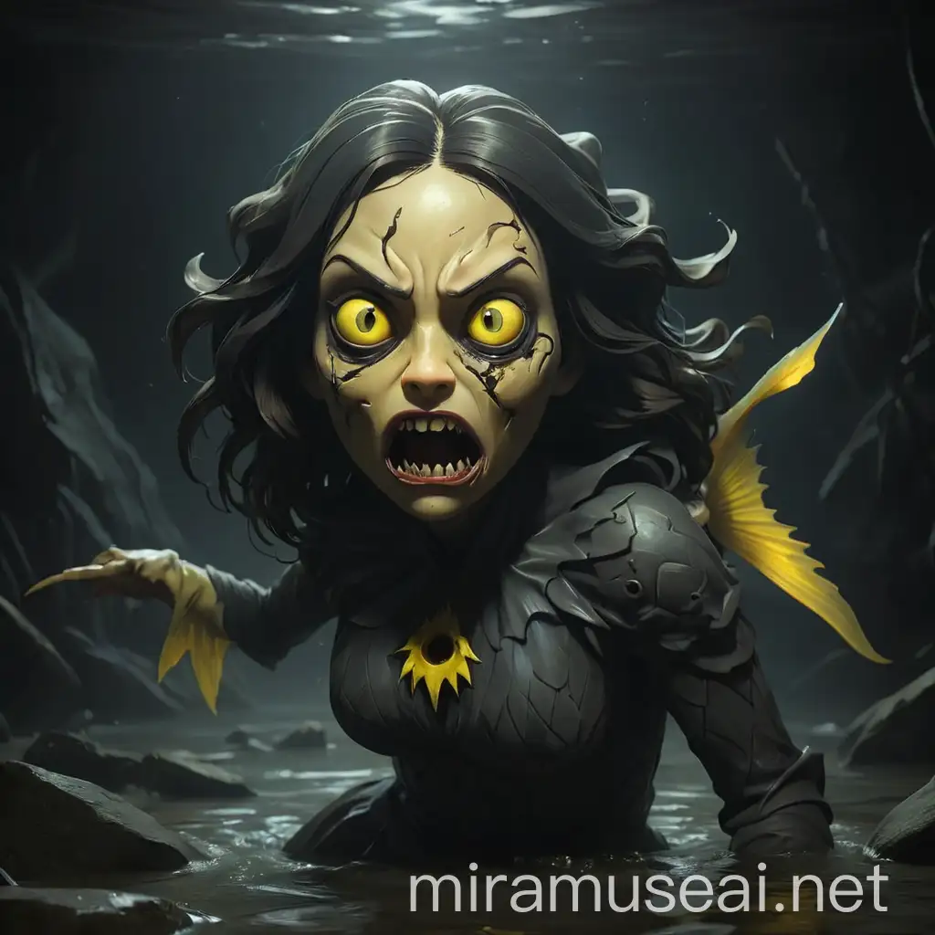 Sinister Female Fish Creature Lurking in Shadowy River with Glowing Yellow Eyes
