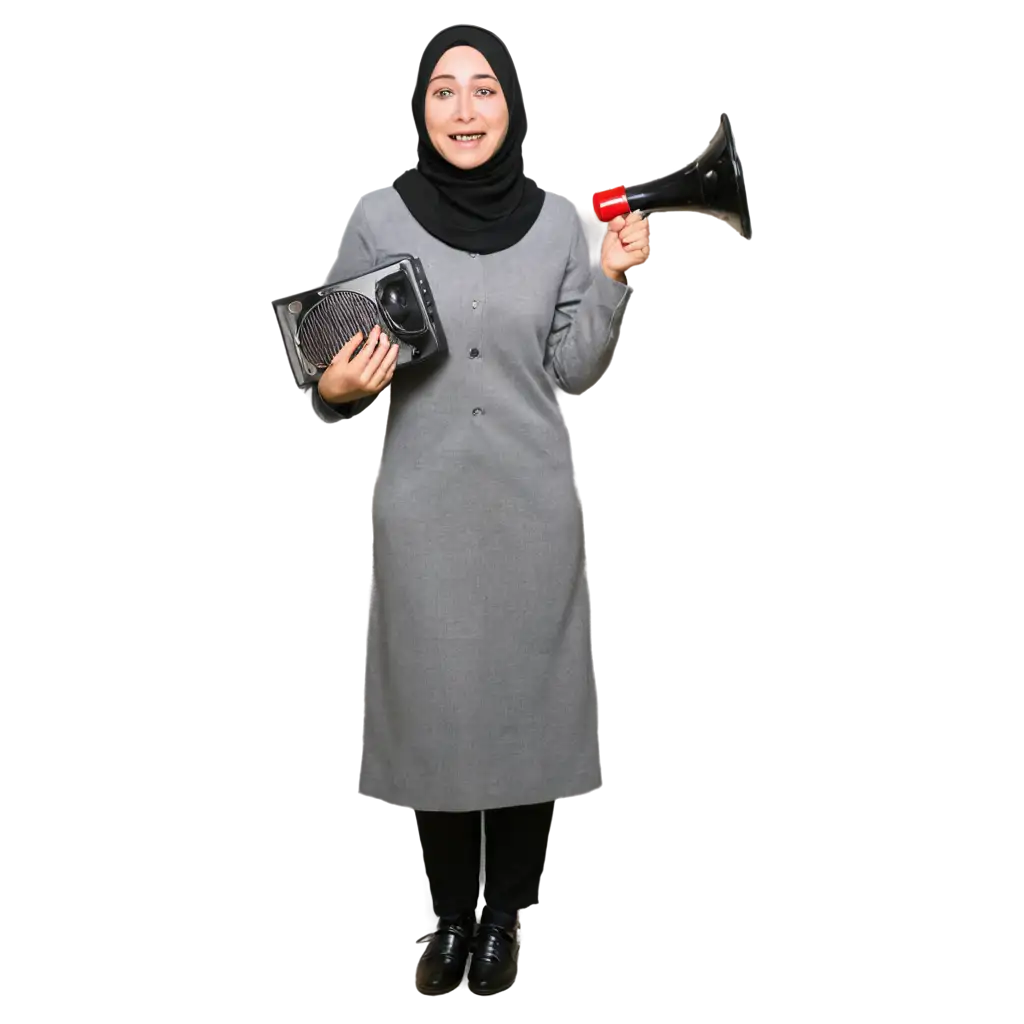 PNG-Image-of-a-Happy-Woman-in-Jilbab-Holding-a-Loudspeaker-Expressive-Concept-Art