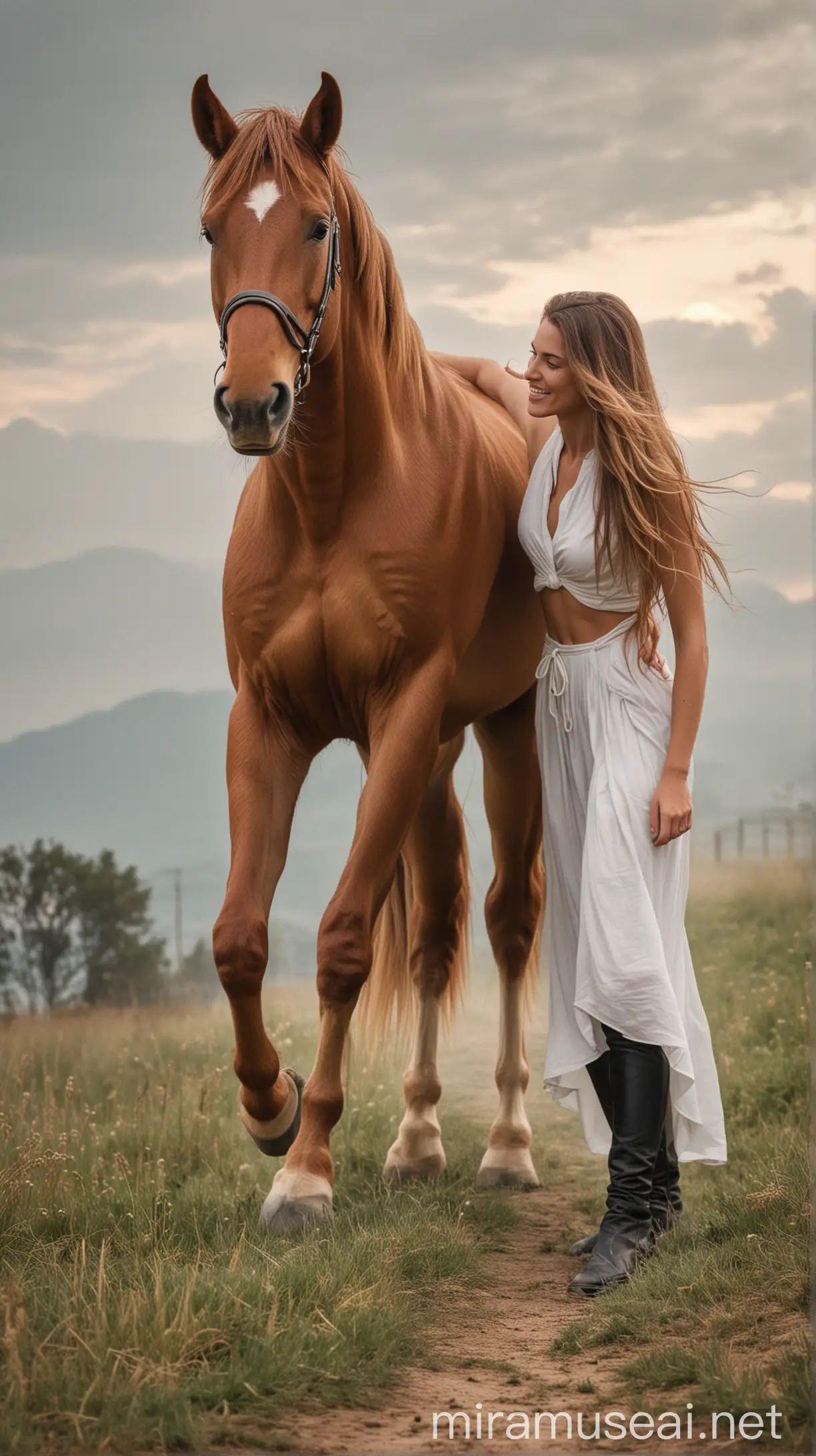 Woman Riding Majestic Horse in Countryside Landscape