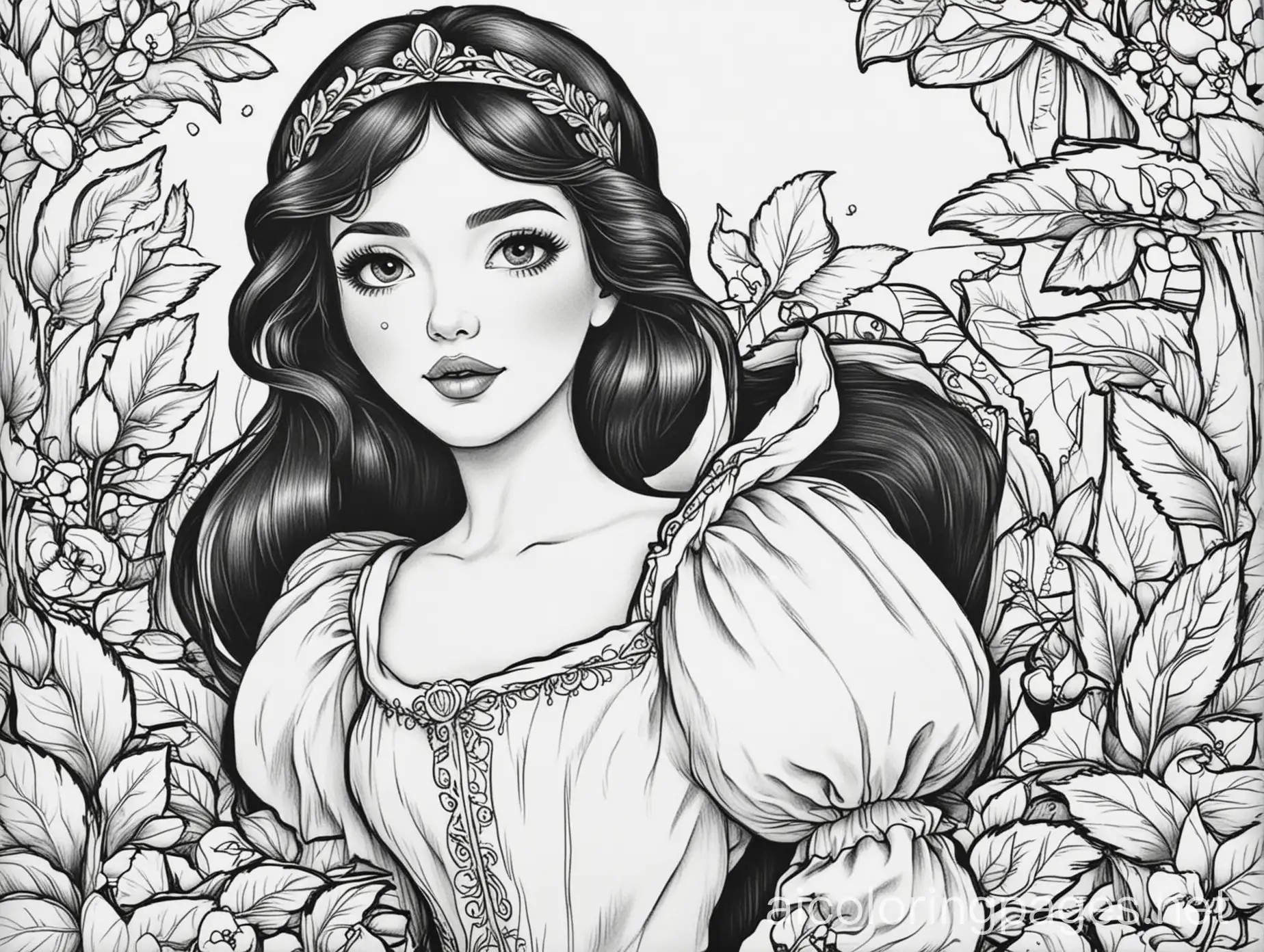 Snow white coloring 50 pages, Coloring Page, black and white, line art, white background, Simplicity, Ample White Space. The background of the coloring page is plain white to make it easy for young children to color within the lines. The outlines of all the subjects are easy to distinguish, making it simple for kids to color without too much difficulty