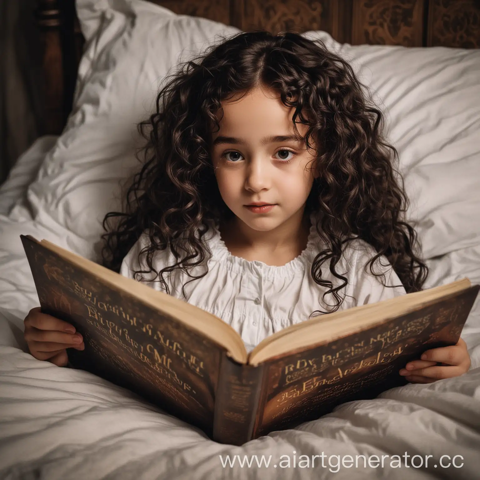 A beautiful little girl with dark curly long hair is lying in bed, and Draco Malfoy is reading her a bedtime story