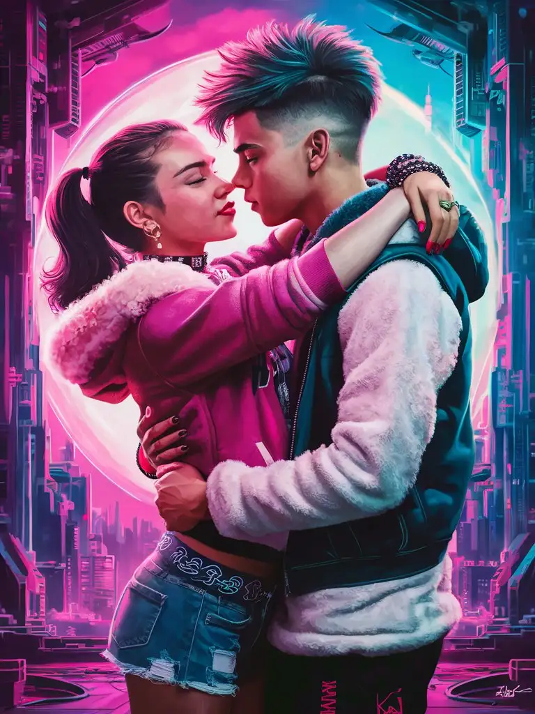 Siren-Teen-Couple-Embracing-in-Neonpunk-Cyberpunk-Reality-TV-Scene
