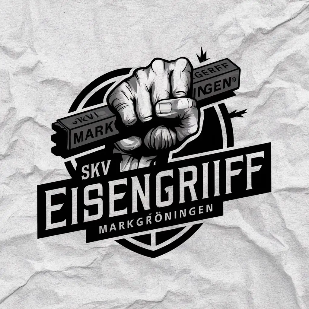 a logo design,with the text 'SKV Eisengriff Markgröningen', main symbol:Create a logo featuring a fist gripping an iron beam. The design should be neutral in tone, fairly detailed and complex, and use a black and white color palette. The logos should be strong and dynamic, emphasizing power and strength.,Moderate,clear backgroundnbackground whitenwrite 'Markgröningen' on the beam