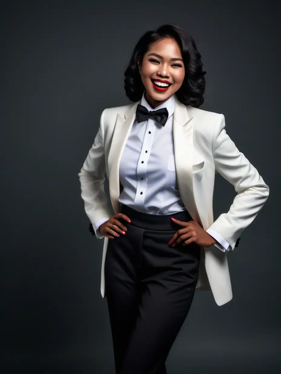 Beautiful dark skinned thai woman with shoudler length hair and lipstick wearing a tuxedo with an ivory  jacket.  Her shirt is white with double french cuffs and a wing collar.  Her bowtie is black.  Her cummerbund is black.  Her cufflinks are black.  She is smiling and laughing. Her jacket is open.