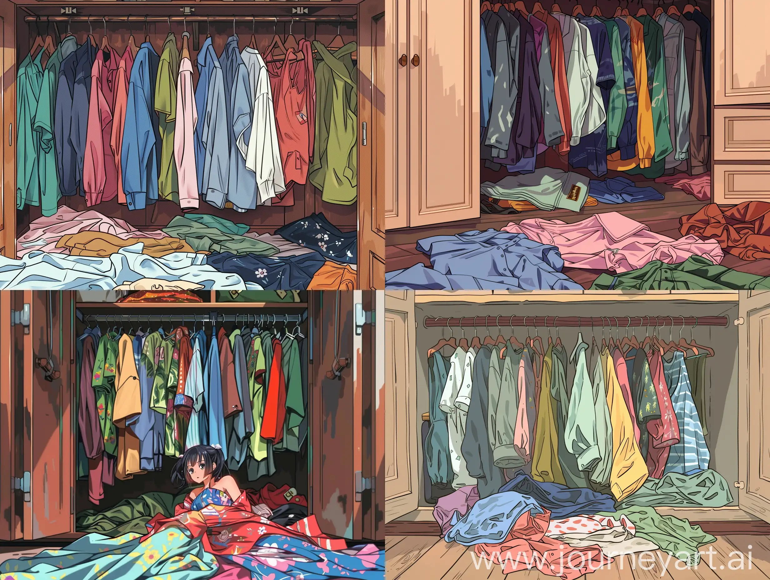 There are rumpled clothes in super anime style lying inside and below the closet