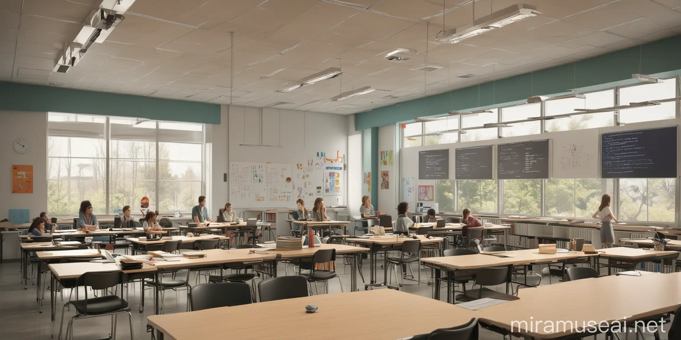 Modern Classroom with Interactive Desks and Engaged Students