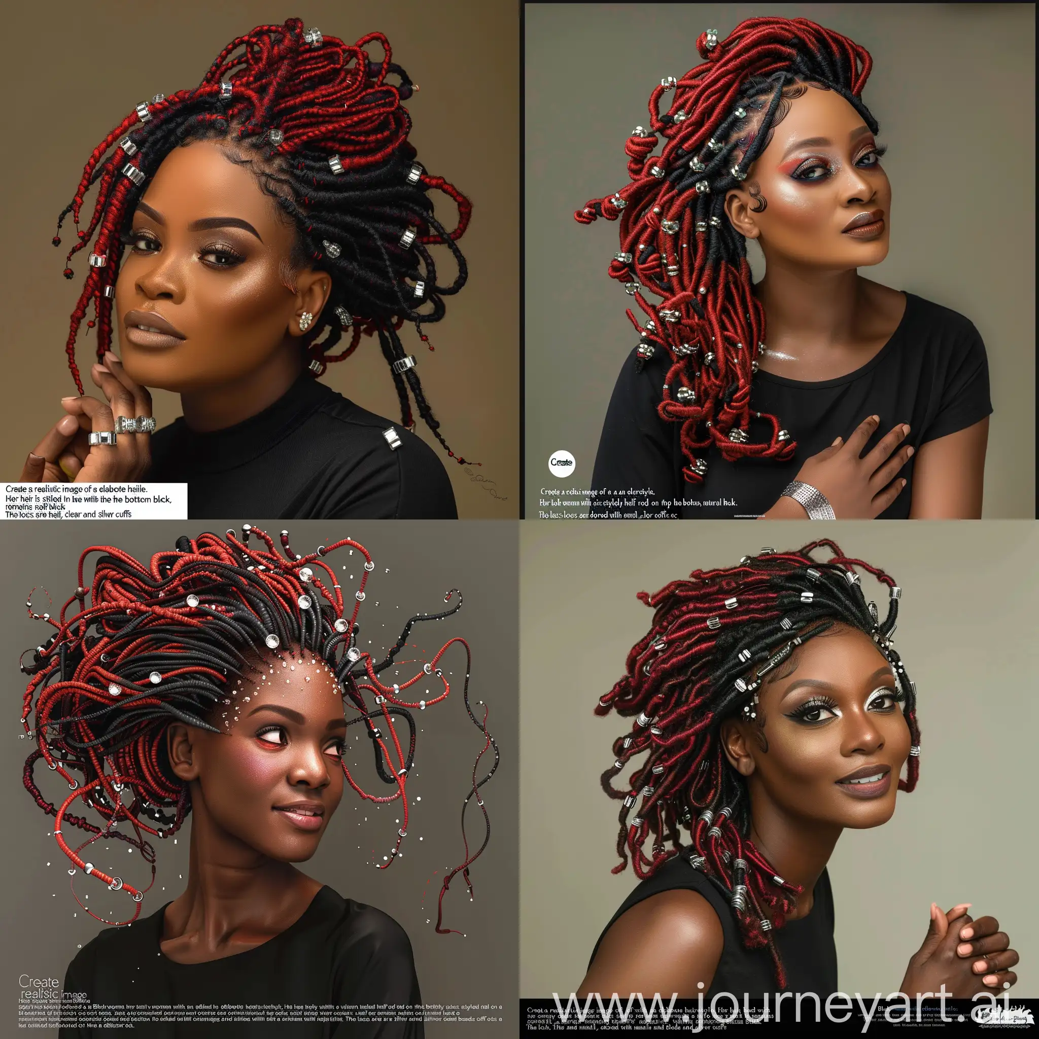 “Create a realistic image of a Black woman with an elaborate hairstyle. Her hair is styled in locs, richly hued with a vibrant red on the top half while the bottom half remains natural black. The locs are adorned with small, clear beads and silver cuffs scattered throughout, adding an elegant touch. Her locs are partly cascading down her shoulders and back, with some locs playfully framing her face. She has a serene expression with a soft, confident smile. Her makeup is sophisticated with a neutral palette, highlighting her eyes and a subtle lip color. She wears a black shirt and poses with her hands gently clasping together. Please ensure the background is a solid, muted shade to not distract from the detail of the hairstyle.”