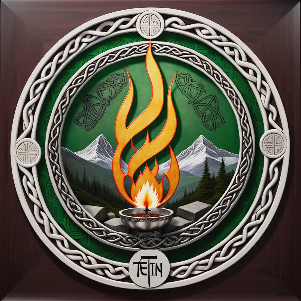 Tein name Beann. Sacred flame shrine on  a mountain. Framed in Celtic knotwork circle.  
